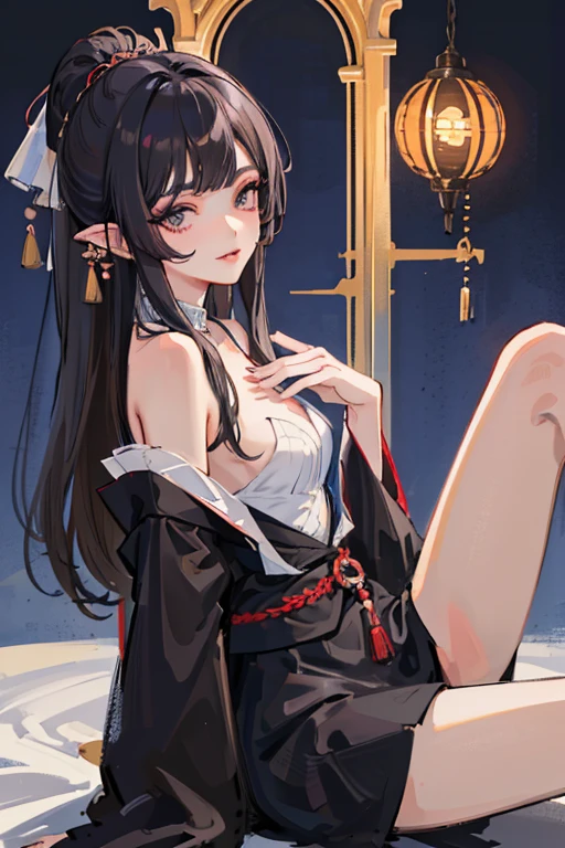 Detailed art, art sketch, sketch drawing, girl with Brazilian and Asian features, Japanese-like eyes, small and elegant lips, wavy hair with long bangs that extend a little past her light brown shoulders, deep gray eyes, makeup soft in purple and black eyes, elegant broad shoulders, elegant black dress