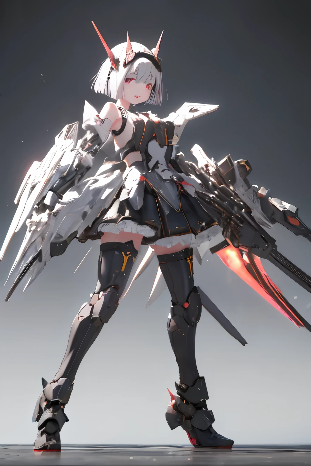 (highest quality)), ((masterpiece)), (very detailed: 1.3), 3D, {(japanese young girl)}, japanese girl wear gothic lolita clothes with white frills, (She is fused with futuristic Gundam mecha:1.2), with headgear, with v-fin , armored shoulders,armored under arms, armored under legs, multilayer textureperfect proportions, octane rendering, duotone lighting, Low ISO, wide aperture, White balance, Rule of thirds, ultra HD16k, HDR (High Dynamic Range), Ray Tracing, NVIDIA RTX, Super Resolution, Subsurface Scattering, PBR Texturing, Post Processing, Anisotropic Filtering, Depth of Field, Maximum Clarity and Clarity, High efficiency subpixel, subpixel convolution, particles of light, light scattered, Tyndall effect, full body:1.5, battle pose, cute, (cute:1.2), (bob cut:1.3),三つ編み, 黒髪, 太い眉毛, 薄い色の虹彩, 大きくて輝いている黒い瞳, 長いまつげ, 小さく薄い色の自然な唇, (Average face of Japanese idols), (日本人特有の童顔:1.3), (), 広いおでこ:1.2, ふっくらした頬, 小さな顎, visible side boob, (holding a huge weapon:1.5), in the hangar,looking at viewer,Focus on the eyes , (完璧な4本の指, 親指1本),