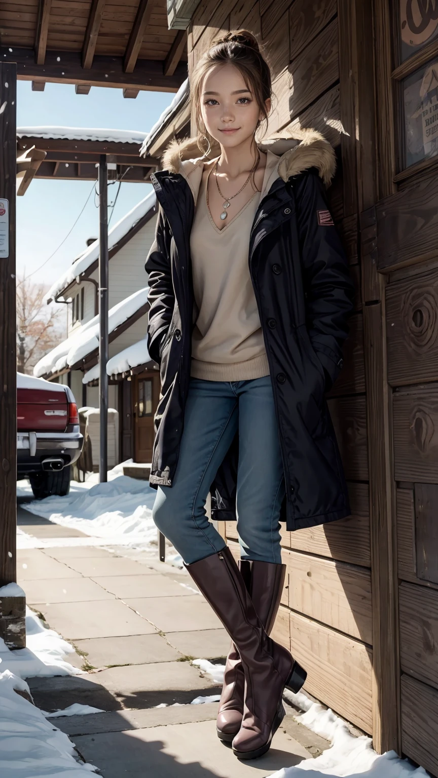 25-year-old Caucasian woman、Blonde and purple gradation color、Eye color is blue、medium long hair、hair is wavy、wearing accessories on the wrist、Wearing a necklace、high resolution、Fine skin、smile、Wearing a duffel coat、I'm wearing warm pants、I'm wearing warm boots、I'm at the entrance of a cottage covered in snow