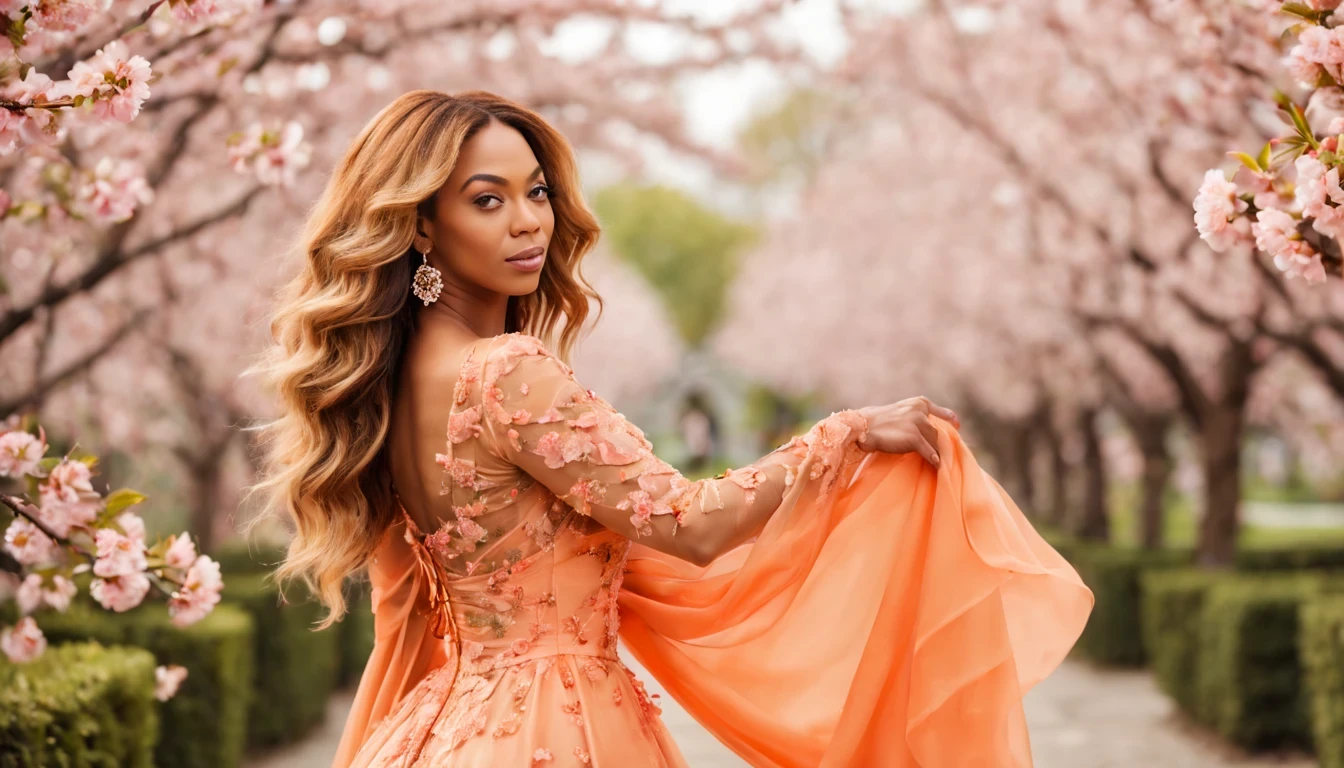 (fotografia de alta qualidade), beautiful young lady (beyonce), (27 anos), long orange dress in pastel tones, o corpo cercado de flores de cerejeiras, standing and posing fantasy in cherry blossom garden, desfoque de profundidade, bokeh, 300 DPI, atmosfera encantadora, foto, 8k, dynamic action,