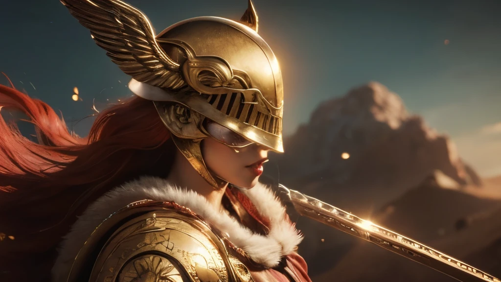 woman with sword and red cape, by Kanō Tan'yū, Déesse Athena, dame en armure rouge, Athena, goddess of wisdom, Greek Déesse Athena, Detailed image, golden Déesse Athena, persephone sculpture, inspired by Kanō Hōgai, golden helmet with golden wings close-up of the whole body, mountains background with sunlight, Torse nu, Beau corps, Peau 4k, defined red lips, La cape sur le dos, yeux couverts,golden particle effect ,4k,Warm cinematic lighting,backlit edge lighting