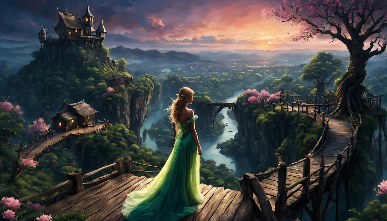 premiado, arte conceitual, belas artes, epic fantasy digital art, bird view,cinematic lighting, Vista descendente,plano super amplo,Viewing angle from afar,profundidade de campos,beautiful young lady (Aurora "A Bela Adormecida" ), (27 anos), ((((corpo inteiro)))), (((usando vestido longo Rosa)), The beauty of an idyllic country fairy tale,((cachoeira)),Pitoresca, pitoresco, Rustic, ((Campo de arroz;1.7)), ((Peach blossom tree)), ((Pequenos rios:1.4)), ((The treehouse is connected to the treehouse by a wooden bridge)), epic,