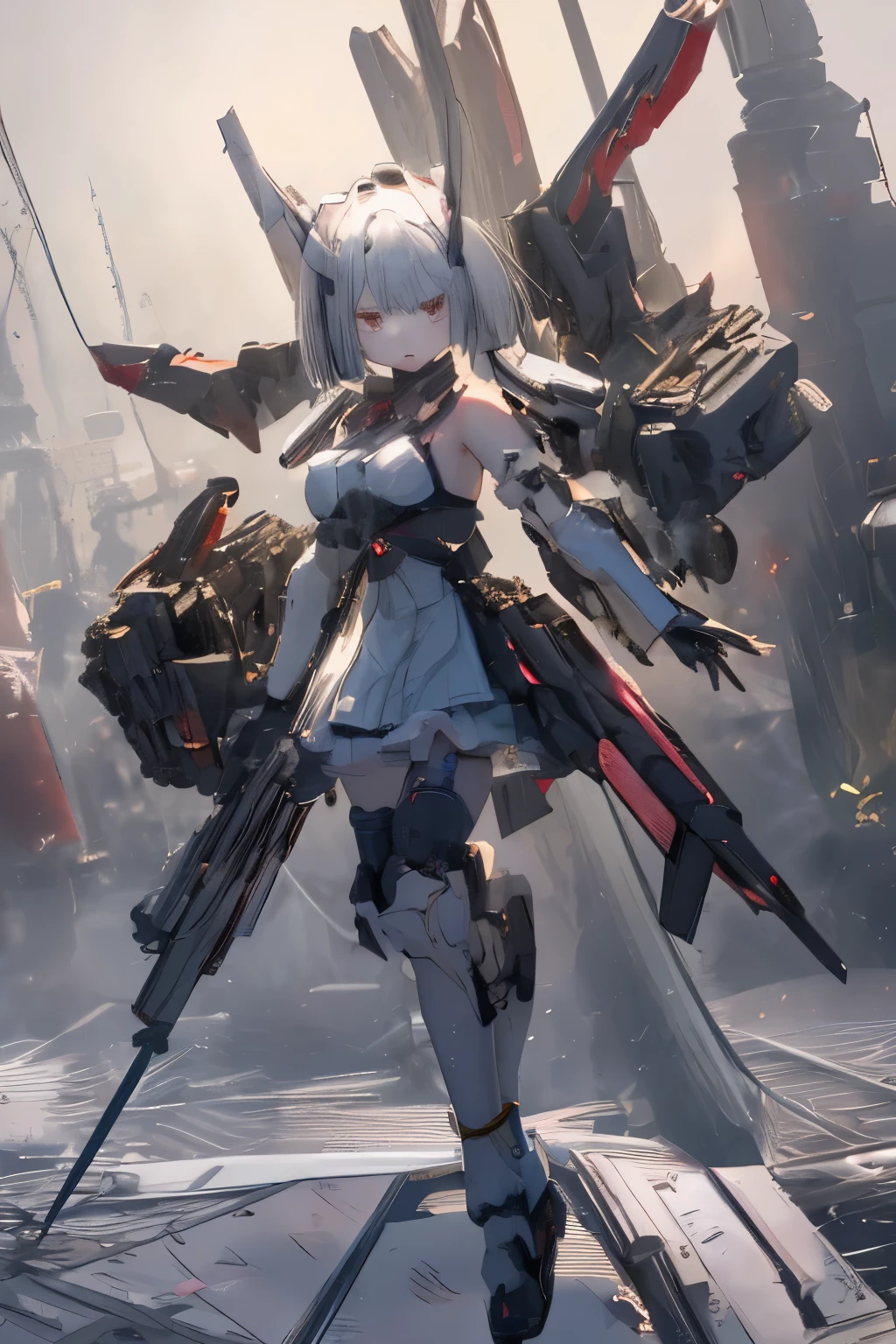 (highest quality)), ((masterpiece)), (very detailed: 1.3), 3D, {(japanese young girl)}, japanese girl wear shrine maiden anime costume under armor, wears a futuristic Gundam mecha,(Gundam), with headgear, with v-fin , armored shoulders,armored under arms, armored under legs, multilayer textureperfect proportions, octane rendering, duotone lighting, Low ISO, wide aperture, White balance, Rule of thirds, ultra HD16k, HDR (High Dynamic Range), Ray Tracing, NVIDIA RTX, Super Resolution, Subsurface Scattering, PBR Texturing, Post Processing, Anisotropic Filtering, Depth of Field, Maximum Clarity and Clarity, High efficiency subpixel, subpixel convolution, particles of light, light scattered, Tyndall effect, full body:1.5, battle pose, cute, (cute:1.2), (bob cut:1.3),三つ編み, 黒髪, 太い眉毛, 薄い色の虹彩, 大きくて輝いている黒い瞳, 長いまつげ, 小さく薄い色の自然な唇, (Average face of Japanese idols), (日本人特有の童顔:1.3), (baby face), 広いおでこ:1.2, ふっくらした頬, 小さな顎, visible side boob, (holding a shining Japanese sword:1.5), in the hangar,looking at viewer,Focus on the eyes