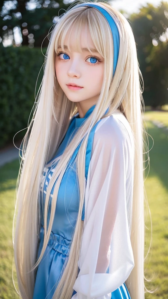 shiny transparent white skin、Wind hair gets in the way of a pretty face、Colossal、15 year old cute sexy little beautiful face、Beautiful straight hair that stands out、Very beautiful bright light blue big eyes、very big eyes、long silky bangs that cover between the eyes, Sexy cute young woman with super long hair hiding one eye、super long shining blonde shiny shiny hair