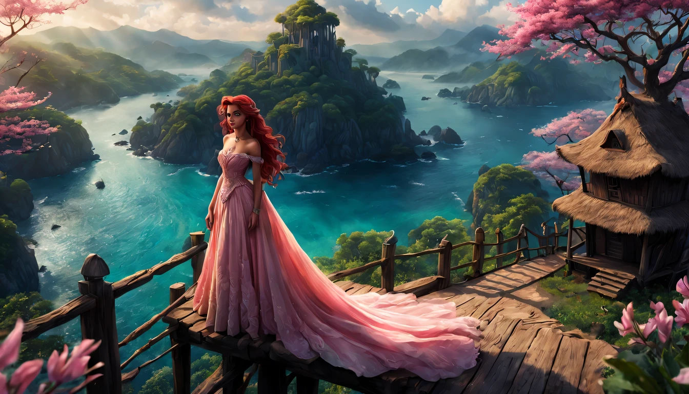premiado, arte conceitual, belas artes, epic fantasy digital art, bird view，cinematic lighting, Vista descendente，plano super amplo，Viewing angle from afar，profundidade de campos，beautiful young lady (Ariel "A Pequena Sereia" ), (27 anos), ((((corpo inteiro)))), (((usando vestido longo Rosa Claro)), The beauty of an idyllic country fairy tale，((cachoeira))，Pitoresca, pitoresco, Rustic, ((Campo de arroz;1.7)), ((Peach blossom tree)), ((Pequenos rios:1.4)), ((The treehouse is connected to the treehouse by a wooden bridge)), epic,
