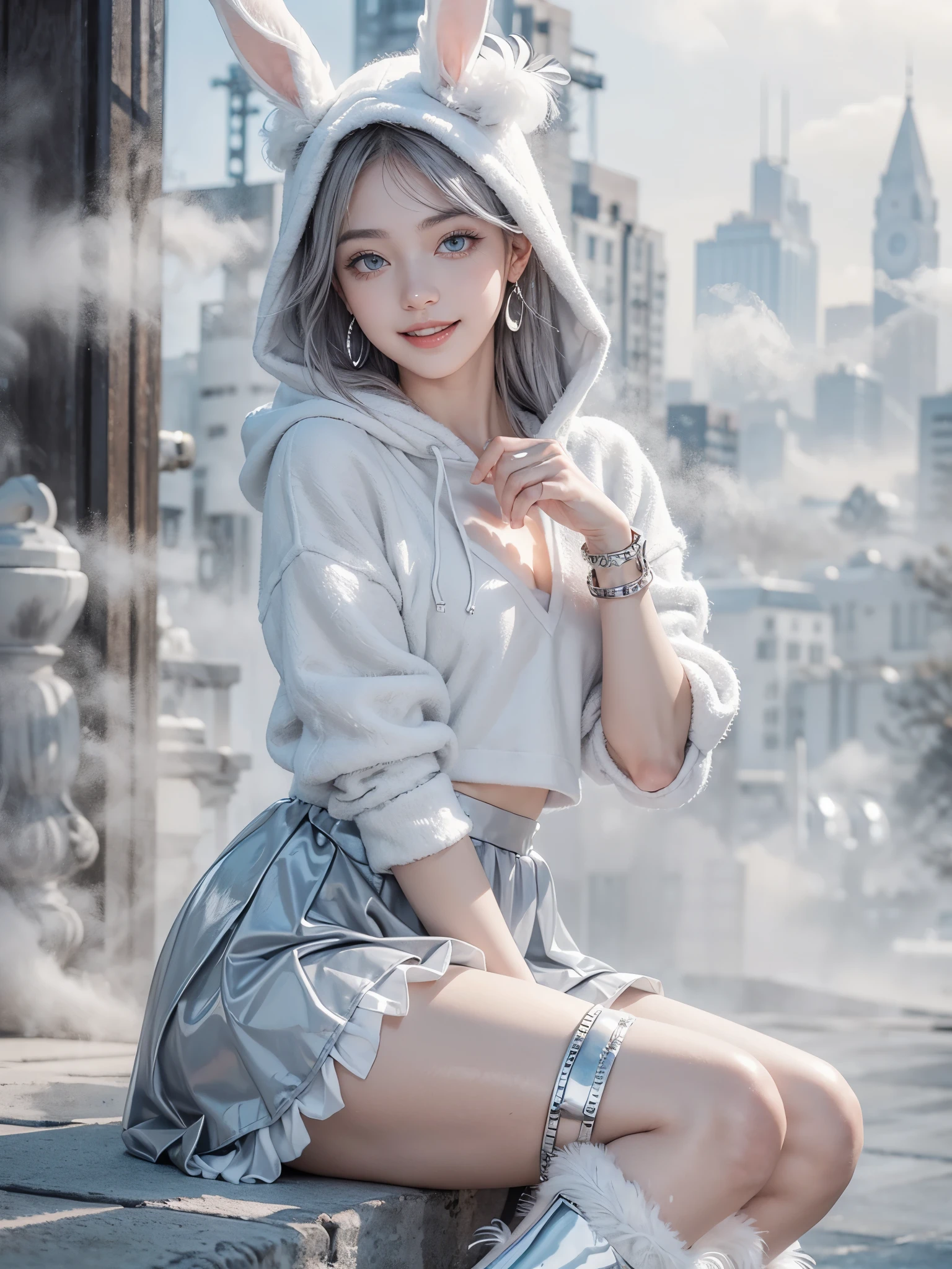 (Realistic:1.4), (fashion portrait:1.2), (ultra detailed, beautiful, masterpiece, best quality:1.2), _ BREAK (1girl:1.2), 22 years old, 160 cm, Japanese cute model, Tightened all body, medium Breasts, small head, small face, diamond Face, small nose, Sharp Faceline, Detailed face, Detailed eyes, young hands and fingers, beautiful hands and fingers, five fingers, _ BREAK (happy, smile, Glossy Lips:1.3), (Light color lips, Half open mouth, beautiful Teeth:1.2), (dropy eyes, Double eyelid, light color eyes, Shiny eyes:1.5), Shiny skin, _ BREAK (arranged hairstyle:1.4), (gray hair:1.4), shiny hair, _ BREAK (gray and White simple blurry background:1.4), (mist, fog:1.6), _ BREAK (cowboy shot:1.2), (sitting, sexy model pose:1.2), BREAK (winter theme:1.3), (KAWAII theme:1.3), (white theme:1.2), (fluffy hooded sweater with bunny ears:1.3), (loose-fit:1.2), (3/4 sleeves:1.2),
BREAK (sheer white A-line skirt with feather-like patterns:1.3), (layered with short fluffy petticoat:1.2), (thigh-high white boots with silver accents:1.2),
BREAK (silver accessories:1.2), (bracelet with feather charms:1.2), (silver hoop earrings:1.2),