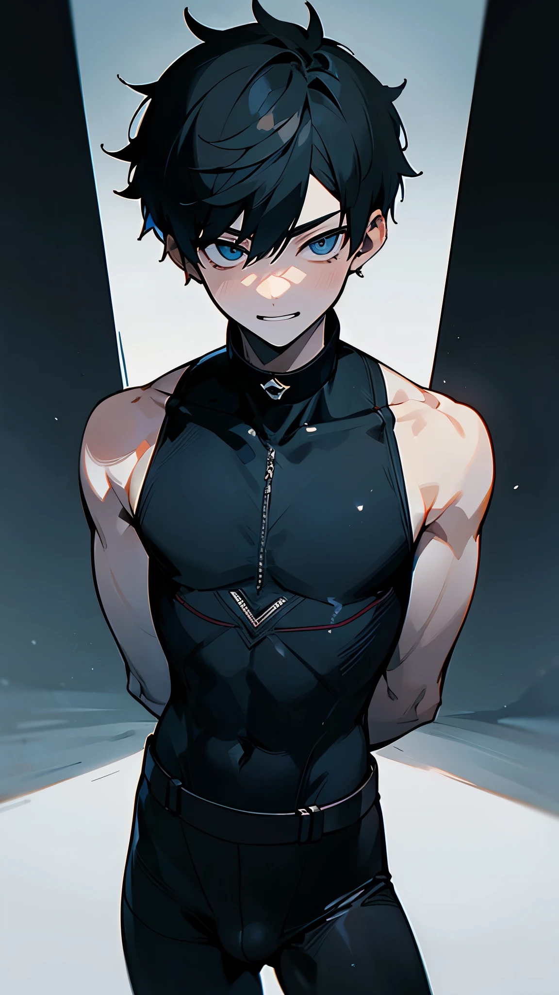 (masterpiece), best quality, expressive eyes, perfect face, ((finedetail)), best shadow,cinematic lighting,best quality,((ultra detailed)),((8k_wallpaper)),highres,beautiful detailed eyes,((masterpiece)),(short hair),((male:1.4)),(male face:1.2),indoor, The image depicts a young male, with black hair. He is wearing a tight, silk-like, transparent outfit .
((male focus:1.3)) ,black bodysuit,arms behind back,chongyun (genshin impact), boy, Sleeveless,black collar,1boy,boy,black,evil face,smile,smirk,bulge,powerful,belt