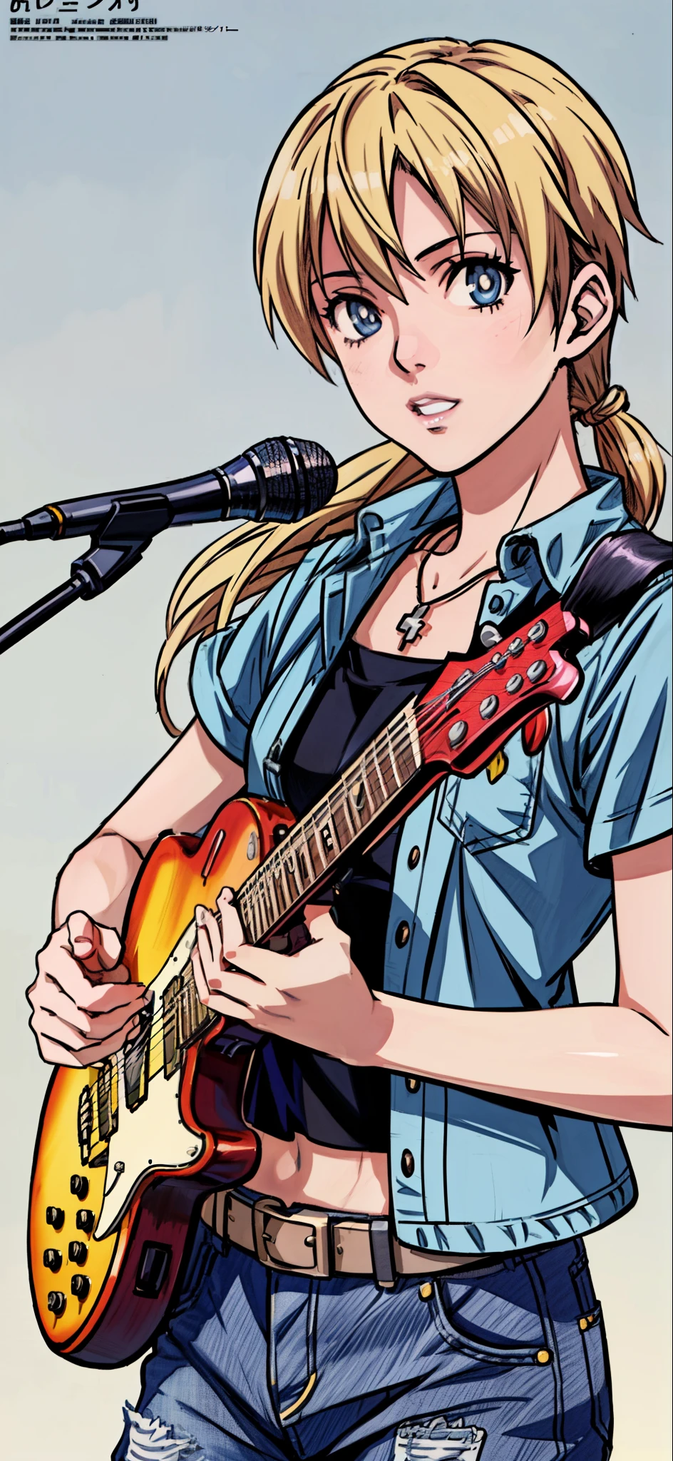 (highest quality,4K,8K,High resolution,table top:1.2), Super detailed, (realistic,photorealistic,photo-realistic:1.37), ((close up of face)),rage, Unfortunate,((blonde hair)), ((long hair)),black camisole, damaged denim jeans,necklace,((playing the guitar)),((sing a song)),beautiful and detailed eyes, beautiful detailed lips, highly detailed eyes and face, long eyelashes, realistic anime 3D style, Smooth anime CG art, Digital rendering by Makoto Shinkai, Moe anime art style, photorealistic rendering of an anime girl, Shinkai Makoto style, Cute anime girl visuals, realistic young anime girl, girl fan art, Created by Anime Artist&#39;studio of.