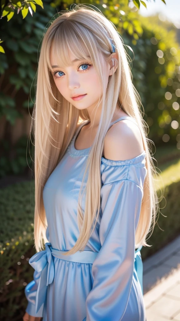 shiny transparent white skin、Wind hair gets in the way of a pretty face、Colossal、 cute sexy little beautiful face、Beautiful straight hair that stands out、Very beautiful bright light blue big eyes、very big eyes、long silky bangs that cover between the eyes, Sexy cute young woman with super long hair hiding one eye、super long shining blonde shiny shiny hair