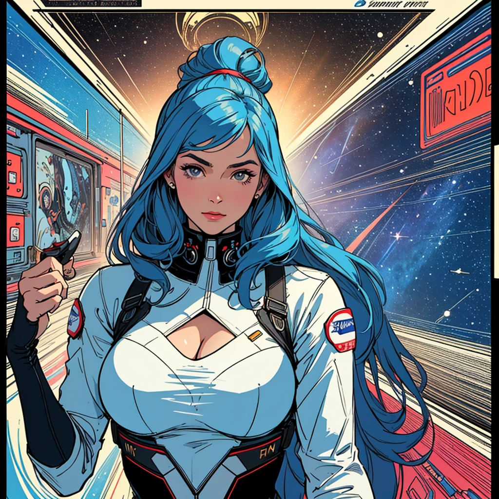 (((highest quality))),masterpiece,1 woman,((the perfect person)),((Super beautiful woman)),detailed perfect face,retro,vintage,classic,60's,70's,80&#39;s,old movie posters,abstract,((スペーススリラーmovie poster)),(Futuristic),Geometric pattern,very delicate,movie poster_white frame,universe,Milky Way,planet,,propaganda,universe飛行士,breast enhancement,simple,(big breasts),(cleavage),