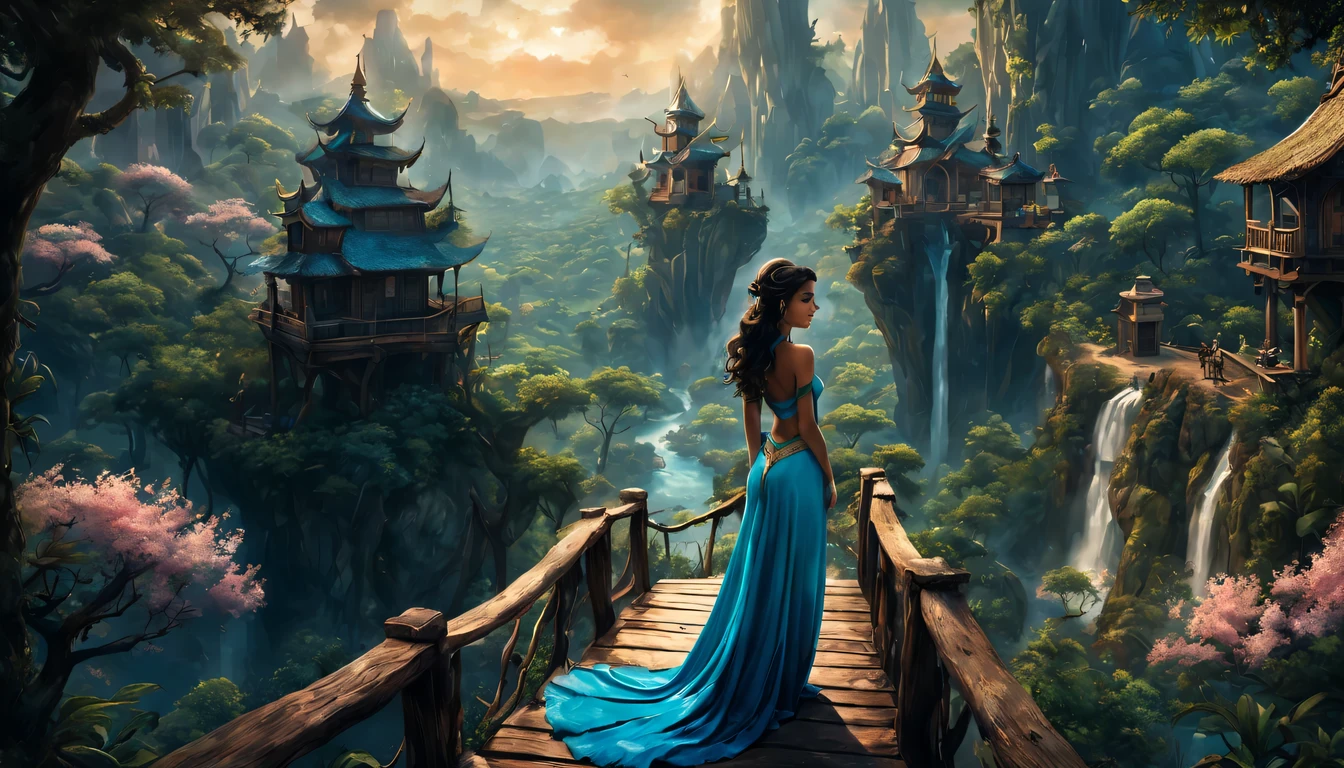 premiado, arte conceitual, belas artes, epic fantasy digital art, bird view,cinematic lighting, Vista descendente,plano super amplo,Viewing angle from afar,profundidade de campos,beautiful young lady (Jasmine "Aladdin " ), (18 anos), ((((corpo inteiro)))), (((usando vestido longo Azul Turquesa)), The beauty of an idyllic country fairy tale,((cachoeira)),Pitoresca, pitoresco, Rustic, ((Campo de arroz;1.7)), ((Peach blossom tree)), ((Pequenos rios:1.4)), ((The treehouse is connected to the treehouse by a wooden bridge)), epic,