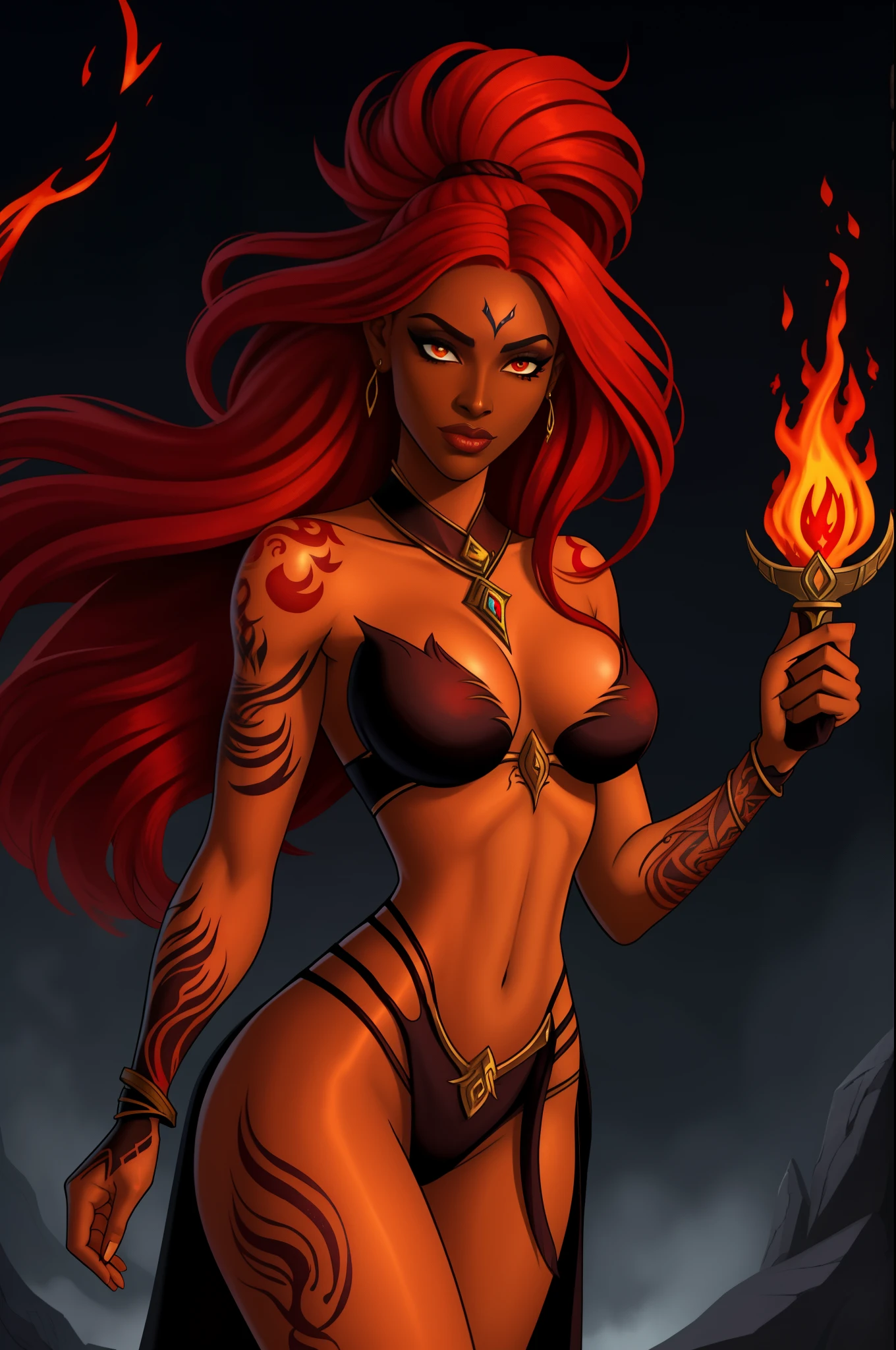 Fantasy Female sorceress, fiery red hair, dark skin, flame tattoo