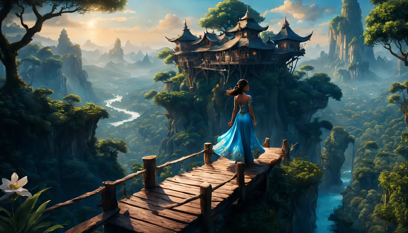 premiado, arte conceitual, belas artes, epic fantasy digital art, bird view,cinematic lighting, Vista descendente,plano super amplo,Viewing angle from afar,profundidade de campos,beautiful young lady (Jasmine "Aladdin " ), (18 anos), ((((corpo inteiro)))), (((usando vestido longo Azul Turquesa)), The beauty of an idyllic country fairy tale,((cachoeira)),Pitoresca, pitoresco, Rustic, ((Campo de arroz;1.7)), ((Peach blossom tree)), ((Pequenos rios:1.4)), ((The treehouse is connected to the treehouse by a wooden bridge)), epic,