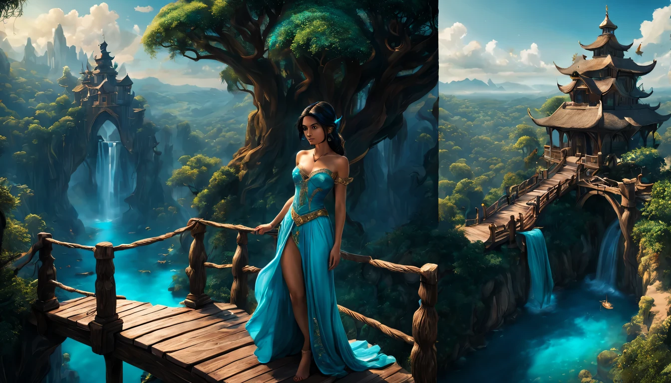 premiado, arte conceitual, belas artes, epic fantasy digital art, bird view,cinematic lighting, Vista descendente,plano super amplo,Viewing angle from afar,profundidade de campos,beautiful young lady (Jasmine "Aladdin " ), (18 anos), ((((corpo inteiro)))), (((usando vestido longo Azul Turquesa)), The beauty of an idyllic country fairy tale,((cachoeira)),Pitoresca, pitoresco, Rustic, ((Campo de arroz;1.7)), ((Peach blossom tree)), ((Pequenos rios:1.4)), ((The treehouse is connected to the treehouse by a wooden bridge)), epic,