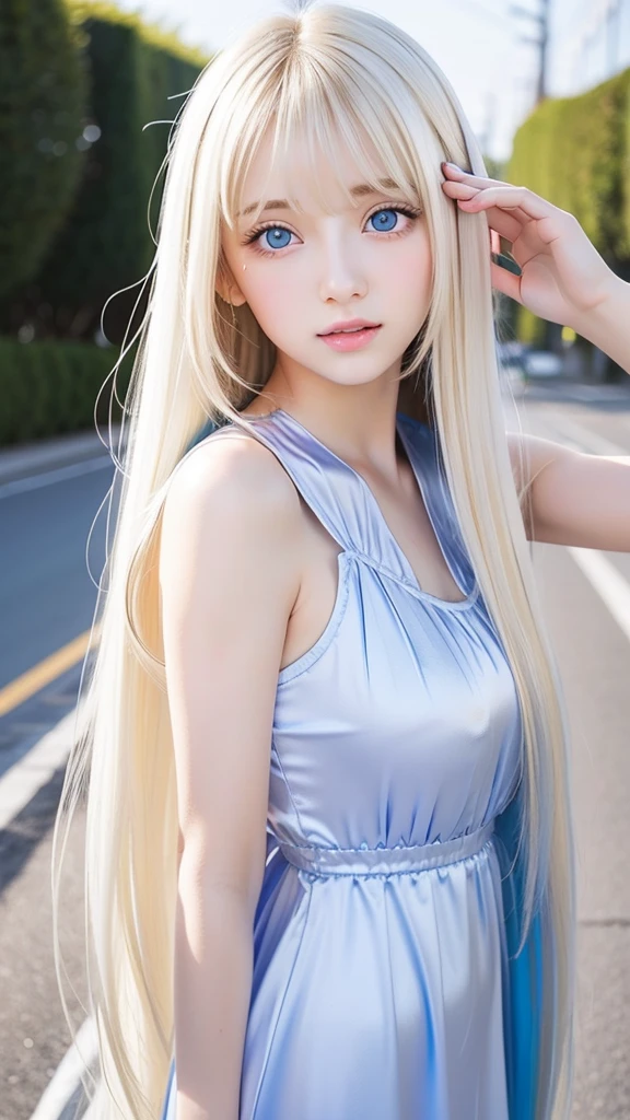 shiny transparent white skin、Wind hair gets in the way of a pretty face、Colossal、15 year old cute sexy little beautiful face、Beautiful straight hair that stands out、Very beautiful bright light blue big eyes、very big eyes、long silky bangs that cover between the eyes, Sexy cute young woman with super long hair hiding one eye、super long shining blonde shiny shiny hair