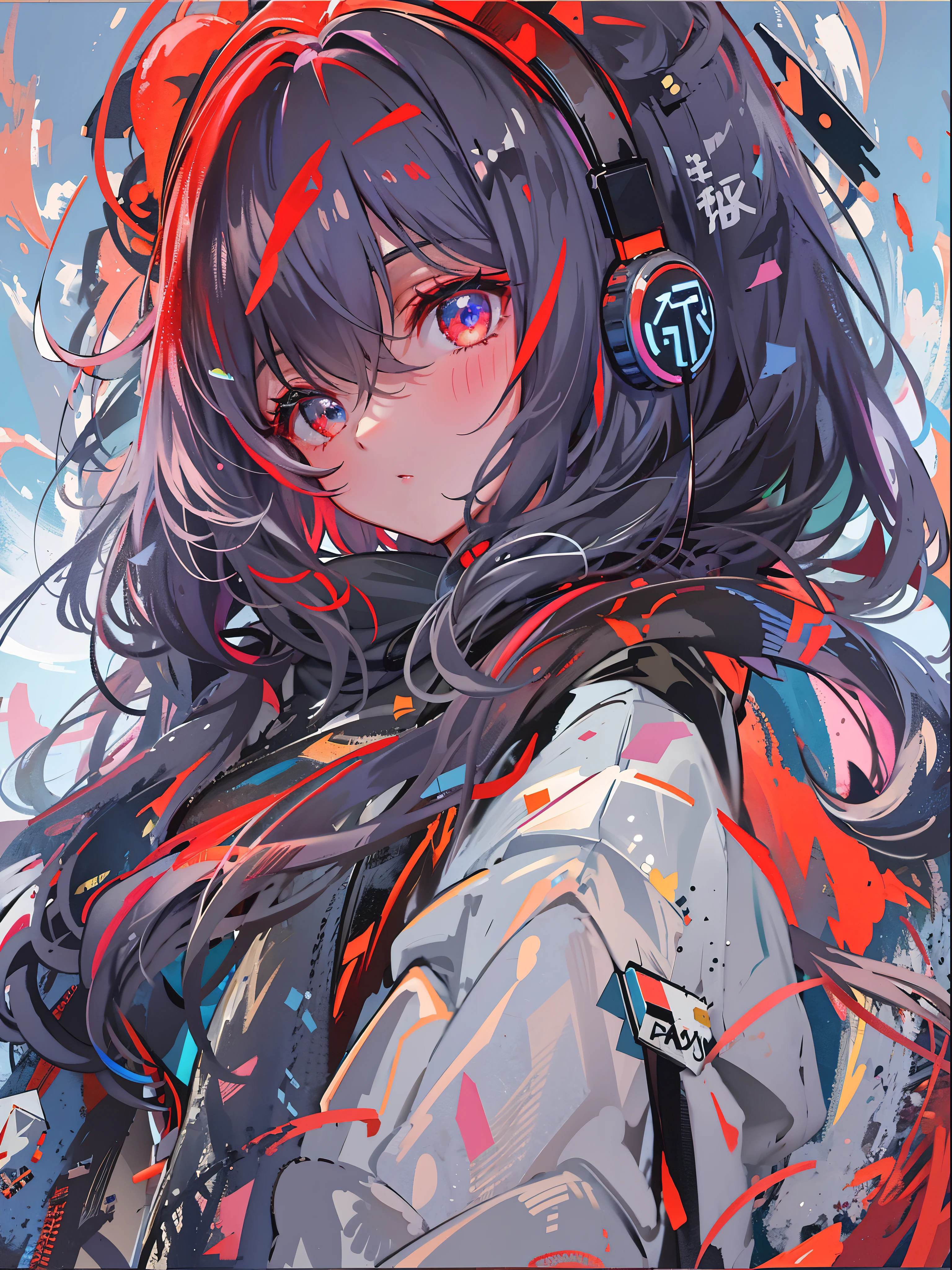 8K resolution、((highest quality))、((masterpiece))、((super detailed))、1 female、solo、incredibly absurd、oversized hoodie、headphones、street、outdoor、It rains at night、neon、short cut hair、bright colored eyes、put one's hand in one's pocket、shorts、water dripping、red hair of hair