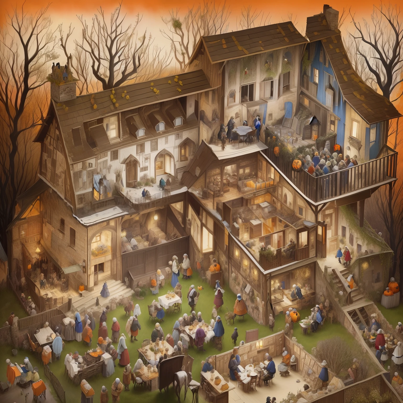 arafed image of a house with a lot of people inside, wimmelbild, by senior artist, peasant wedding at midnight, inspired by Hendrick Avercamp, cafe for mice, insanly detailed, inspired by Pieter Bruegel, halloween scene, magical, inspired by Pieter Bruegel the Elder, 1990's diner full of zombies, also very detailed