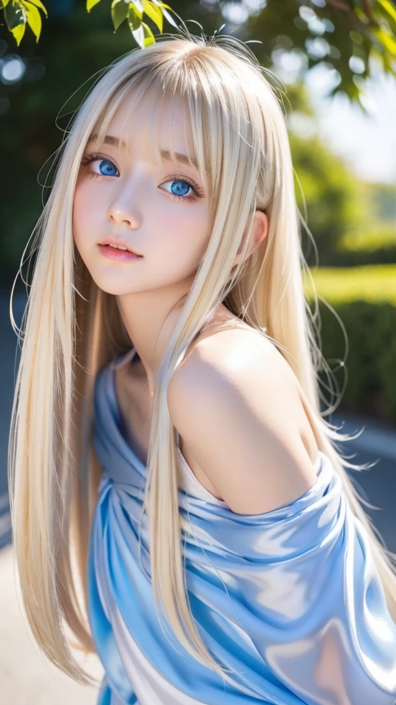 shiny transparent white skin、Wind hair gets in the way of a pretty face、Colossal、15 year old cute sexy little beautiful face、Beautiful straight hair that stands out、Very beautiful bright light blue big eyes、very big eyes、long silky bangs that cover between the eyes, Sexy cute young woman with super long hair hiding one eye、super long shining blonde shiny shiny hair
