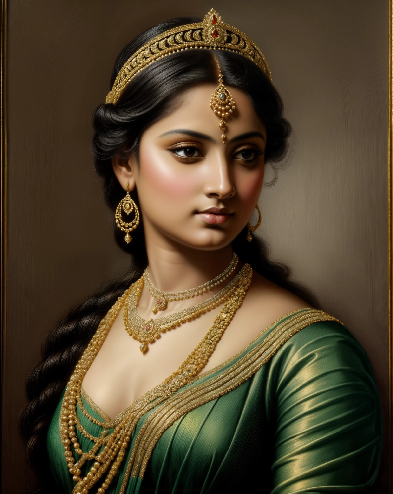 Beautiful Indian Woman, wearing saree, sari Beauty, gorgeous, Apsara, Maharani, royal queen woman, nymph from Hindu Mythology, Urvashi, matchless beauty, Highly detailed, Oil Painting by Peter Paul Rubens inspired by Raja Ravi Varma, Matchless beauty, captivating, gorgeous, heavenly beauty, celestial beauty, by Peter Paul Rubens, 1893, realistic, hyper realistic, micro details, incredible artwork, insane details, ultra High resolution, 8k, 32k, acrylic on canvas, intricate, flawless, detailed, detailed face, detailed eyes, masterpiece, by Peter Paul Rubens, by Caravaggio, by William Adolphe bouguereau, perfect face, perfect body, beautiful art, realism, baroque, renaissance Art, highly textured, beautiful and detailed eyes, uhd, best quality,