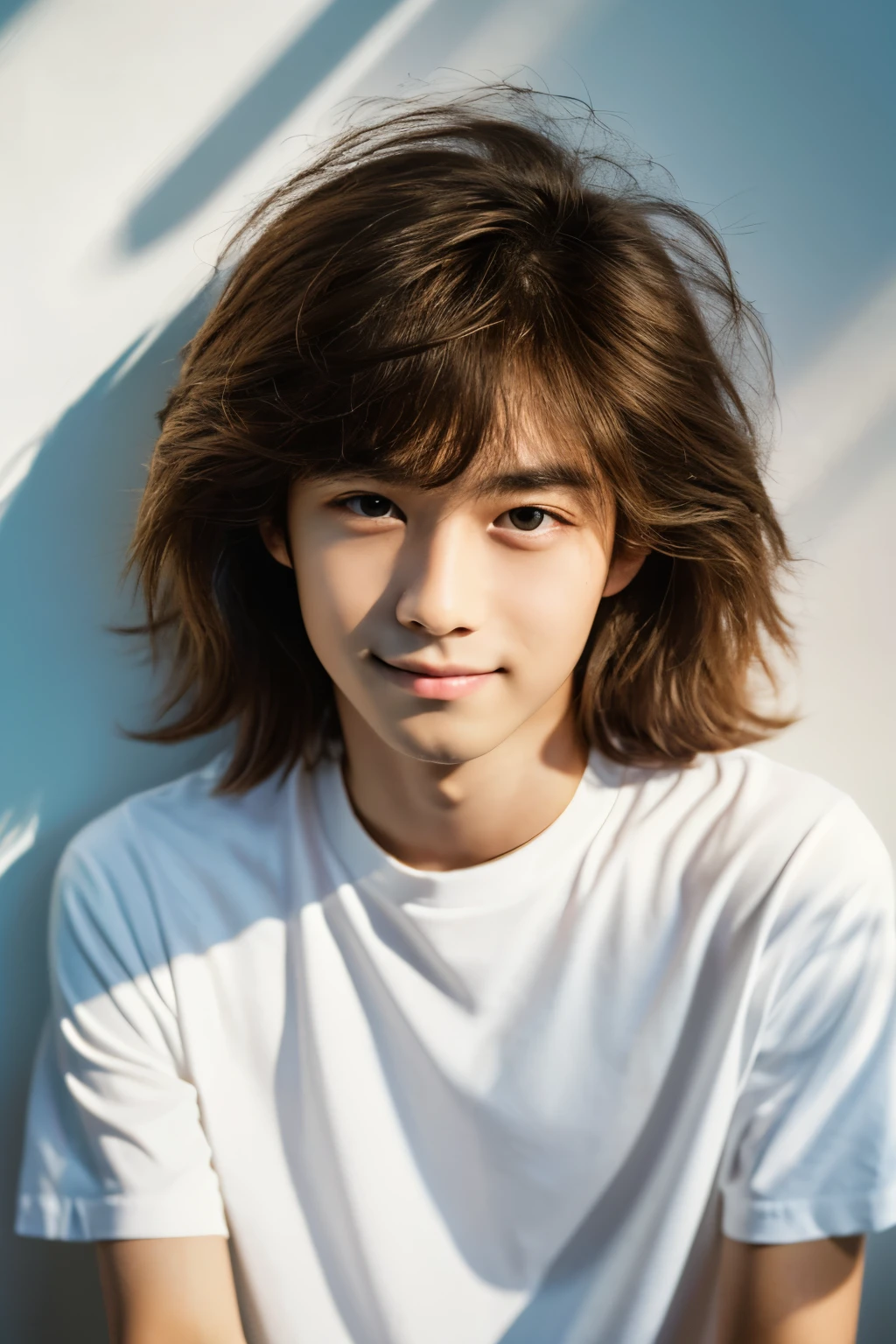 masterpiece, highest quality, surreal, very detailed, 8K resolution, 9:16 Aspect Ratio, RAW photo, sharp focus, (Japanesemale性1名), Japanese, male, alone, young face, smile, bright eyes, perfect body,Full body portrait sitting on a chair, Hands are lowered, 18-year-old, portrait, White background wall, plain white tshirt, Fearless face,lion hair brown hair, hair doesn't overlap eyes, cinematic, cinematic light, Bright theme