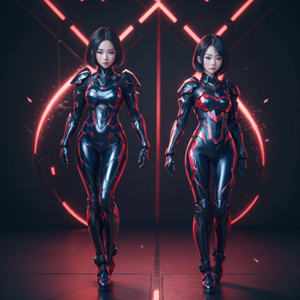 (((full body photo))) (((3girl))), beautiful japanese young woman, wearing ninja armor, thick symmetrical features, very short hair, background is cherry blossoms, blue and red
aura, red lips, octane render,