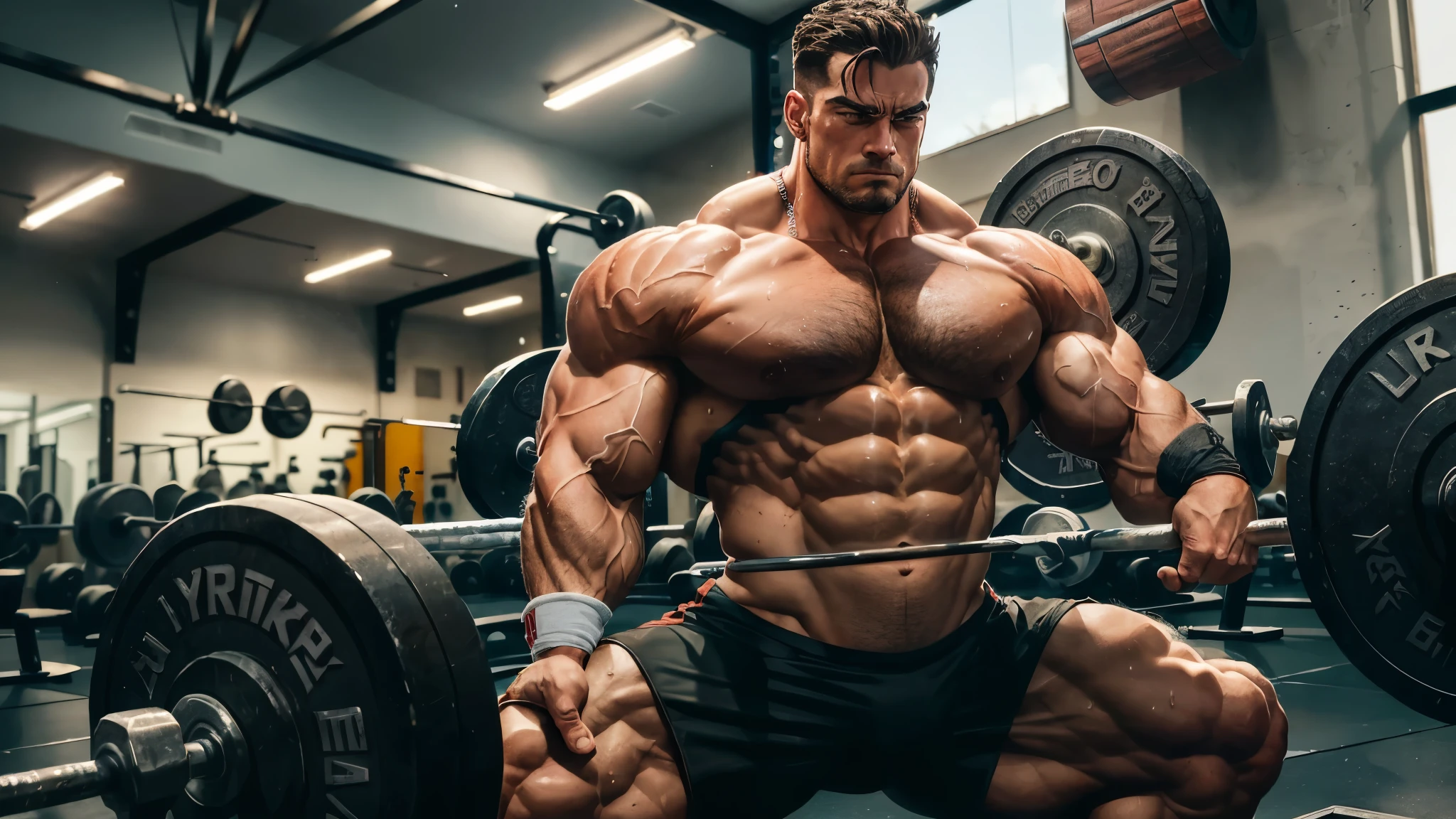 Masterpiece, top quality, 8K UHD: A majestic portrayal of a powerful and muscular man in the peak of his strength, showcasing his dedication and focus during an intense weightlifting session at the gym. The man's every muscle is defined, with veins popping and biceps bulging as he pushes the limits of his physical abilities. Sweat drips from his forehead, and determination shines in his steel-like gaze as he focuses intently on the iron pump and barbell equipment before him. The gym is filled with the clatter of weights and the grunt of effort, a testament to the relentless pursuit of personal bests and the un