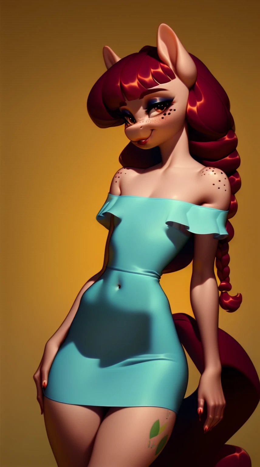 (score_9), (source_ derpibooru_p_95), (earth pony), ((anthro :1.1)), (shoulderless prom dress), blushing, solo, realistic long hair, bangs, braid , anatomically correct, flat chest, curvy figure, high res, pink bottom lip, extremely detailed, absolutely stunning, freckles, skinny waist, makeup, banquet hall, 