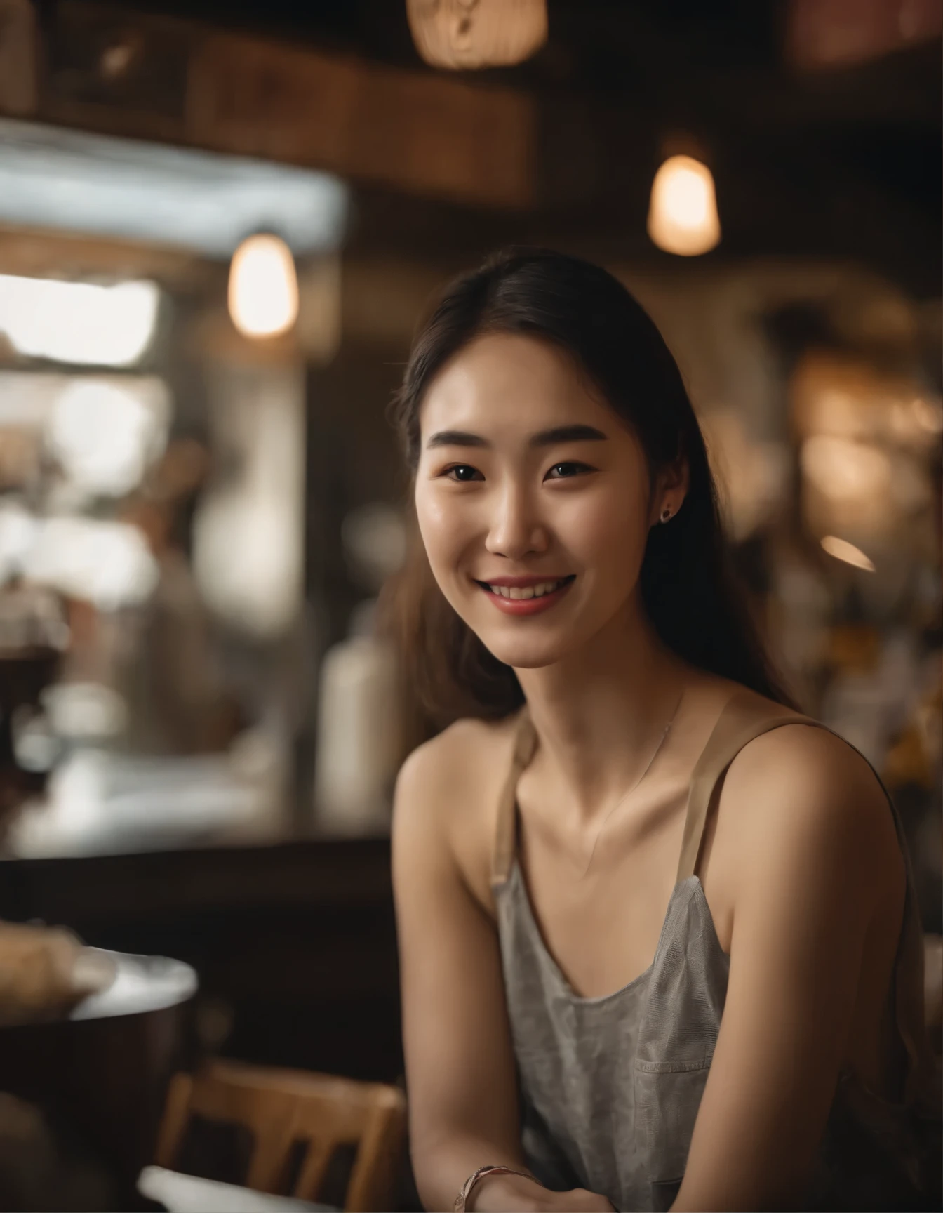Realistic photo of (1cute Korean actress), tank top, in ramen shop, smiling, Canon EOS, clear facial features, close up portrait, cinematic mode, 8K
