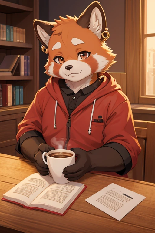 A chubby red panda with an earring and a cup of coffee