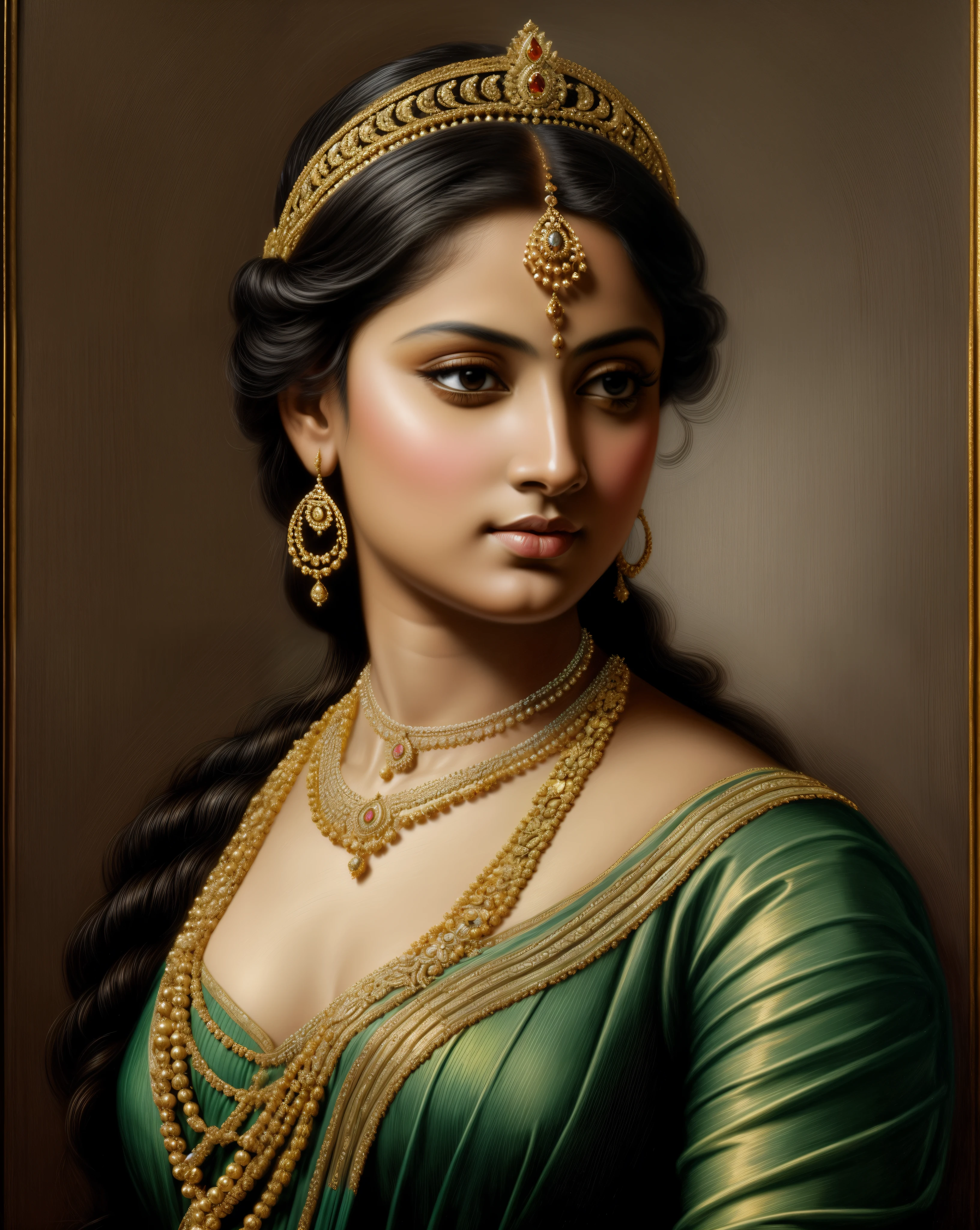 Beautiful Indian Woman, wearing saree, sari Beauty, gorgeous, Apsara, Maharani, royal queen woman, nymph from Hindu Mythology, Urvashi, matchless beauty, Highly detailed, Oil Painting by Peter Paul Rubens inspired by Raja Ravi Varma, Matchless beauty, captivating, gorgeous, heavenly beauty, celestial beauty, by Peter Paul Rubens, 1893, realistic, hyper realistic, micro details, incredible artwork, insane details, ultra High resolution, 8k, 32k, acrylic on canvas, intricate, flawless, detailed, detailed face, detailed eyes, masterpiece, by Peter Paul Rubens, by Caravaggio, by William Adolphe bouguereau, perfect face, perfect body, beautiful art, realism, baroque, renaissance Art, highly textured, beautiful and detailed eyes, uhd, best quality,