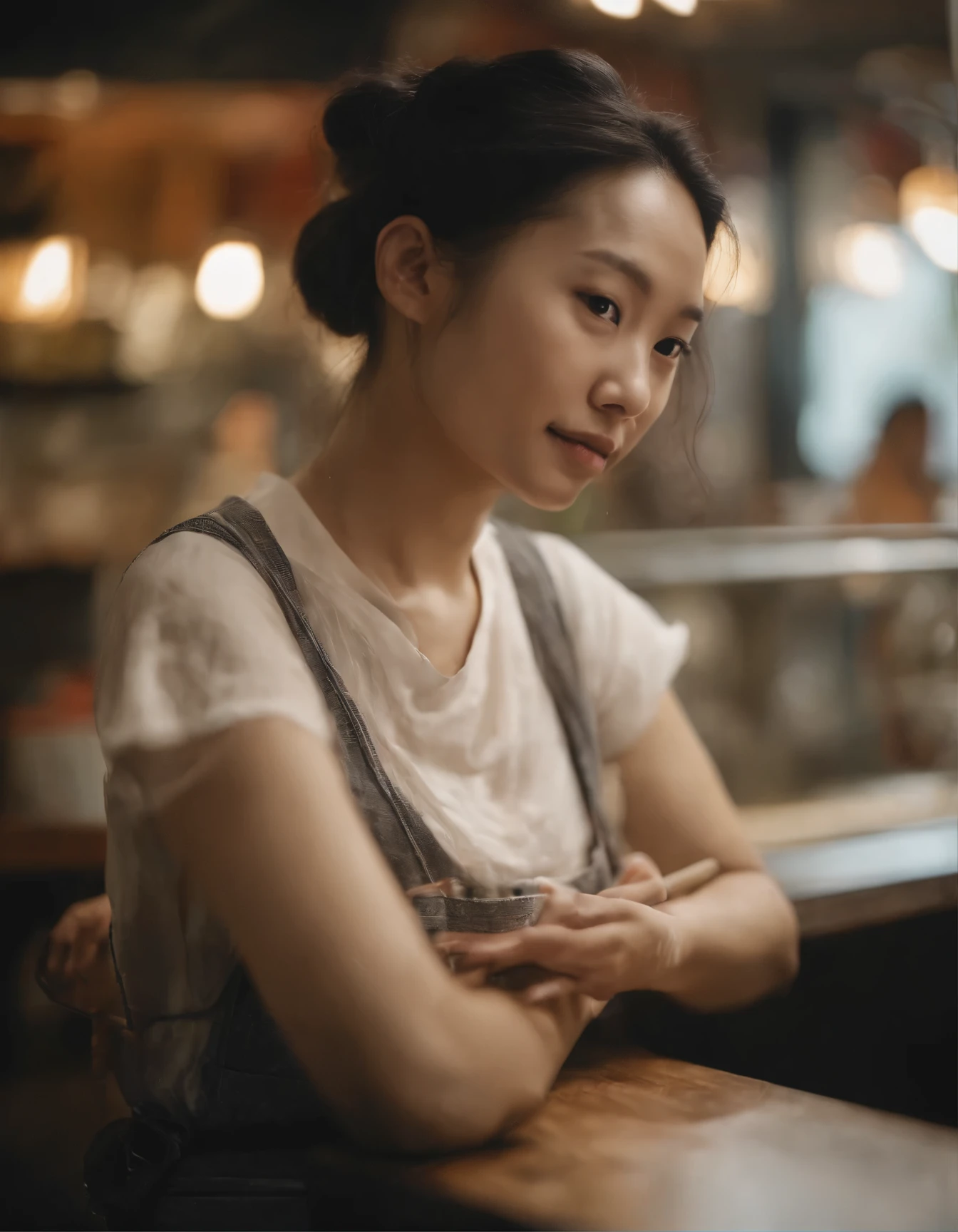 Realistic photo of (1cute Korean actress), tank top, in ramen shop, smiling, Canon EOS, clear facial features, close up portrait, cinematic mode, 8K