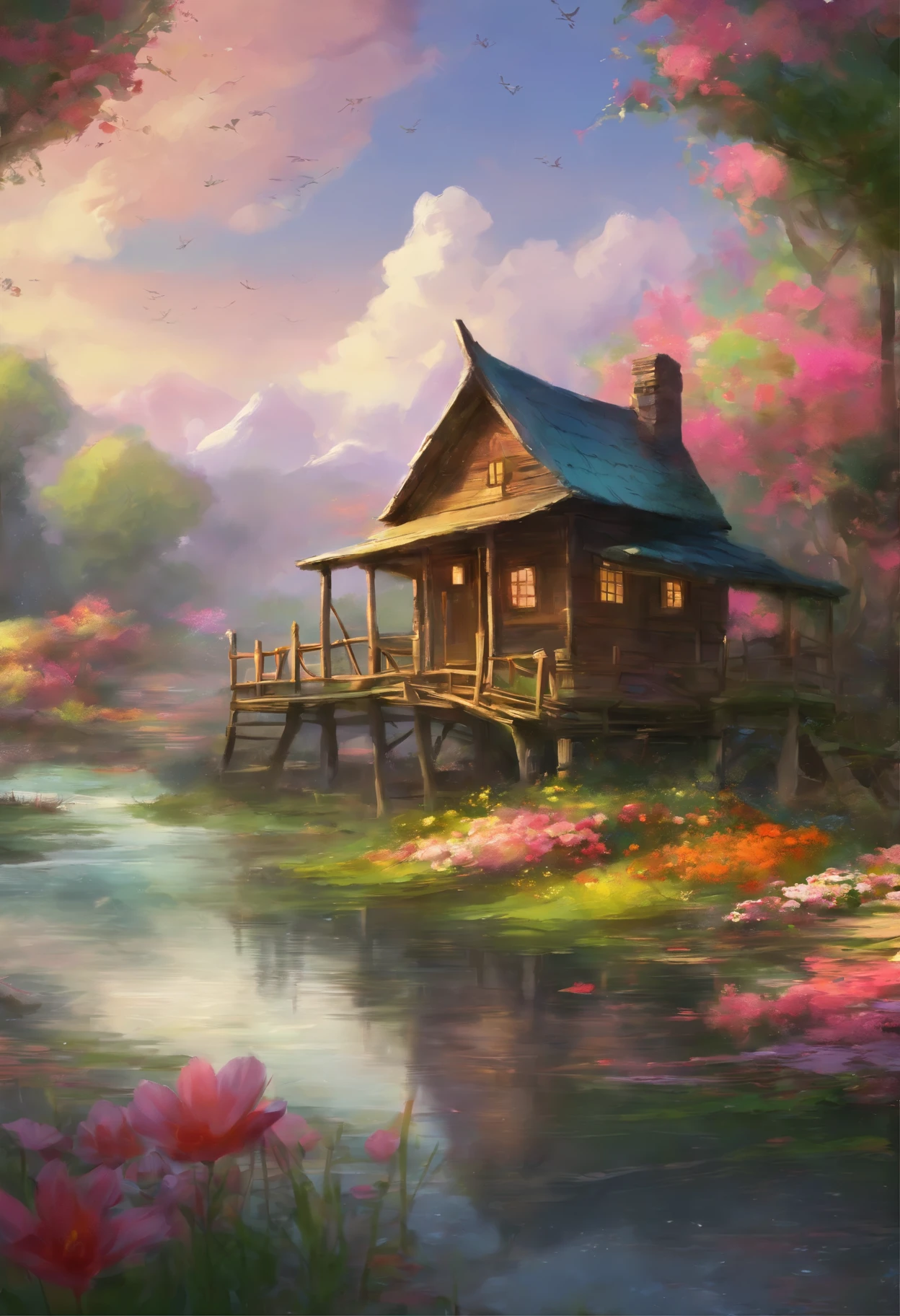 An old cabin by the pound, bamboo bridge, swans are in the water, flowers are blooming alongside the carvy road, inspired by Thomas Kinkade,