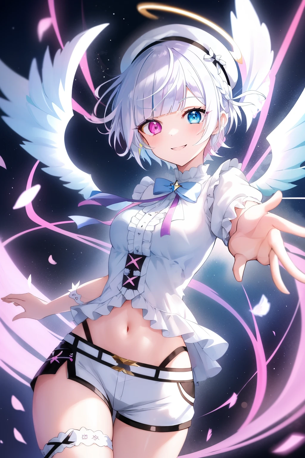 2d, masterpiece, best quality, anime, 1girl, solo, dynamic pose, cowboy shot, (amemiya nazuna), angel, mini wings, single wing, white hair, heterochromia, blue eyes, pink eyes, frills, white shirt, navel, black shorts, short shorts, thigh strap, halo, smile, white beret, heaven, clouds