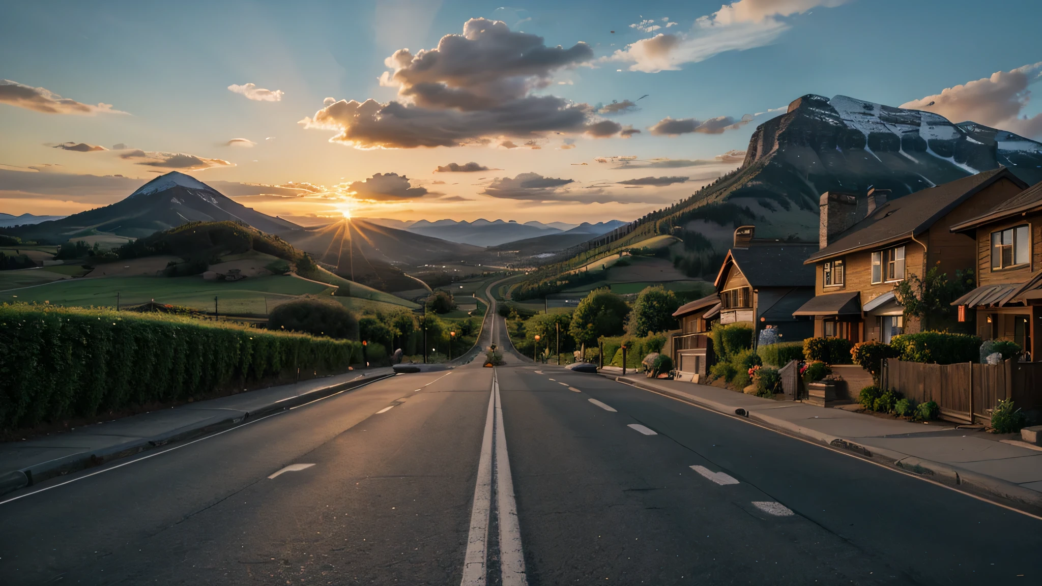 amazing mountain valey sunset street background