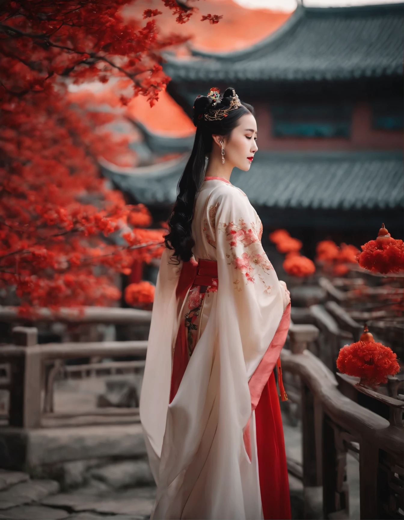 a beauty girl ,wear gorgeous hanfu, Chinese style buildings, landscape