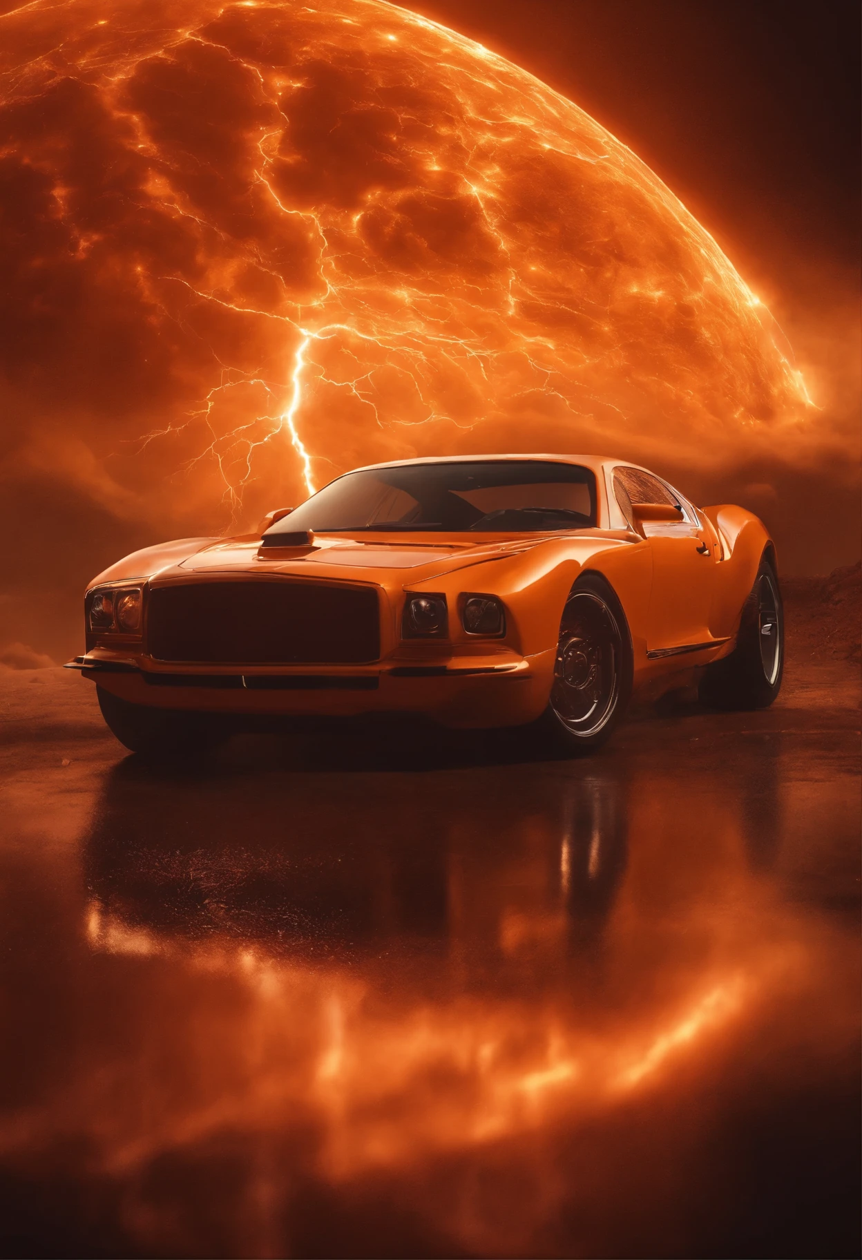 Ultra Realistic, 8k, Fluid Orange Image in Background Flashes and Thunder. Style mythe mystique. Pouvoir et magie.