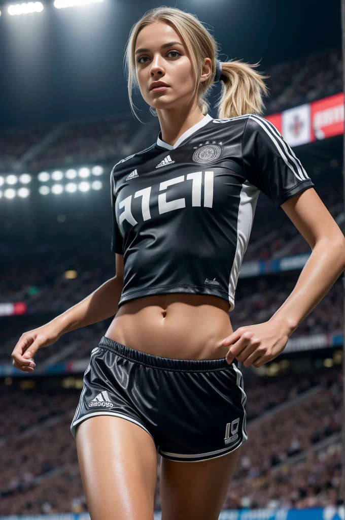 Imagine a beautiful 20 years old german girl, slender athlectic body, beautiful face, Playing soccer in a soccer stadium, dark blonde short hair in a ponytail , cute blue-grey eyes, wearing a tight white soccer Jersey, wearing tight white soccer shorts, wearing soccer socks, wearing black soccer shoes, running towards the soccer ball, snowy atmosphere, Best quality, masterpiece, ultra high res, photorealistic, highly detailed, professional lighting hyper realistic, cinematic, RAW, sharp, 8k graphics, large stadium, full body, hyper close view, night time