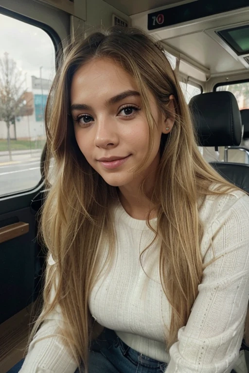 A 23-year-old blonde woman, ((pechos grandes)), ((hiperrealismo)) ,. blonde hair with light brown roots. cabello rubio, Hair with brown roots, cabello extra largo, cabello muy largo, Cabello muy largo, hermoso, perfil, SELFIE con iPhone 15 pro, alta calidad, ojos verdes, labios carnosos, fondo desenfocado, sonriendo, extremadamente detallado, invierno, frio, en el interior de un bus, no duplicar fondo, interior perfecto,