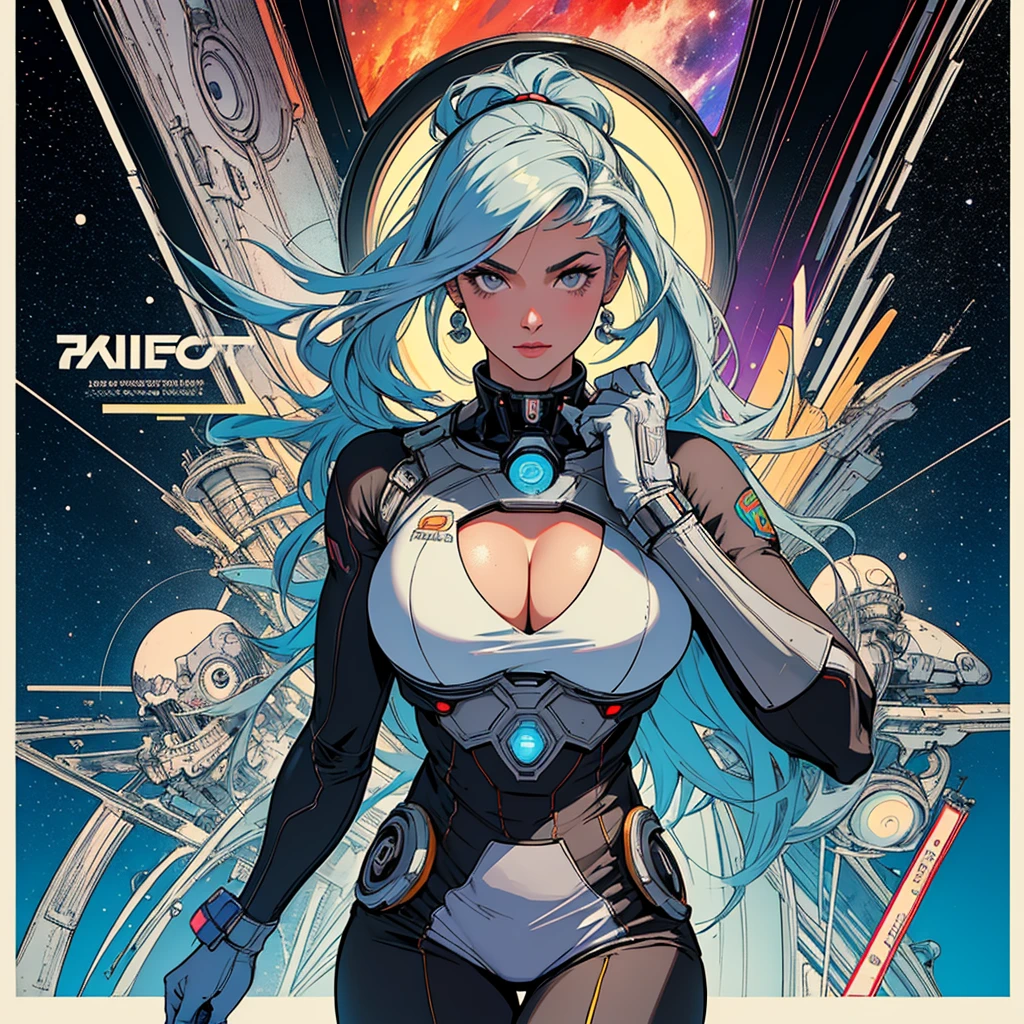 (((highest quality))),masterpiece,1 woman,((the perfect person)),((Super beautiful woman)),detailed perfect face,retro,vintage,classic,60's,70's,80's,old movie posters,abstract,((スペーススリラーmovie poster)),(Futuristic),Geometric pattern,very delicate,movie poster_white frame,universe,Milky Way,planet,,propaganda,universe飛行士,breast enhancement,simple,(big breasts),(cleavage),cyber punk,massive stream of light,overlay,SF,A scene from a science fiction movie,universeステーション,tattoo,