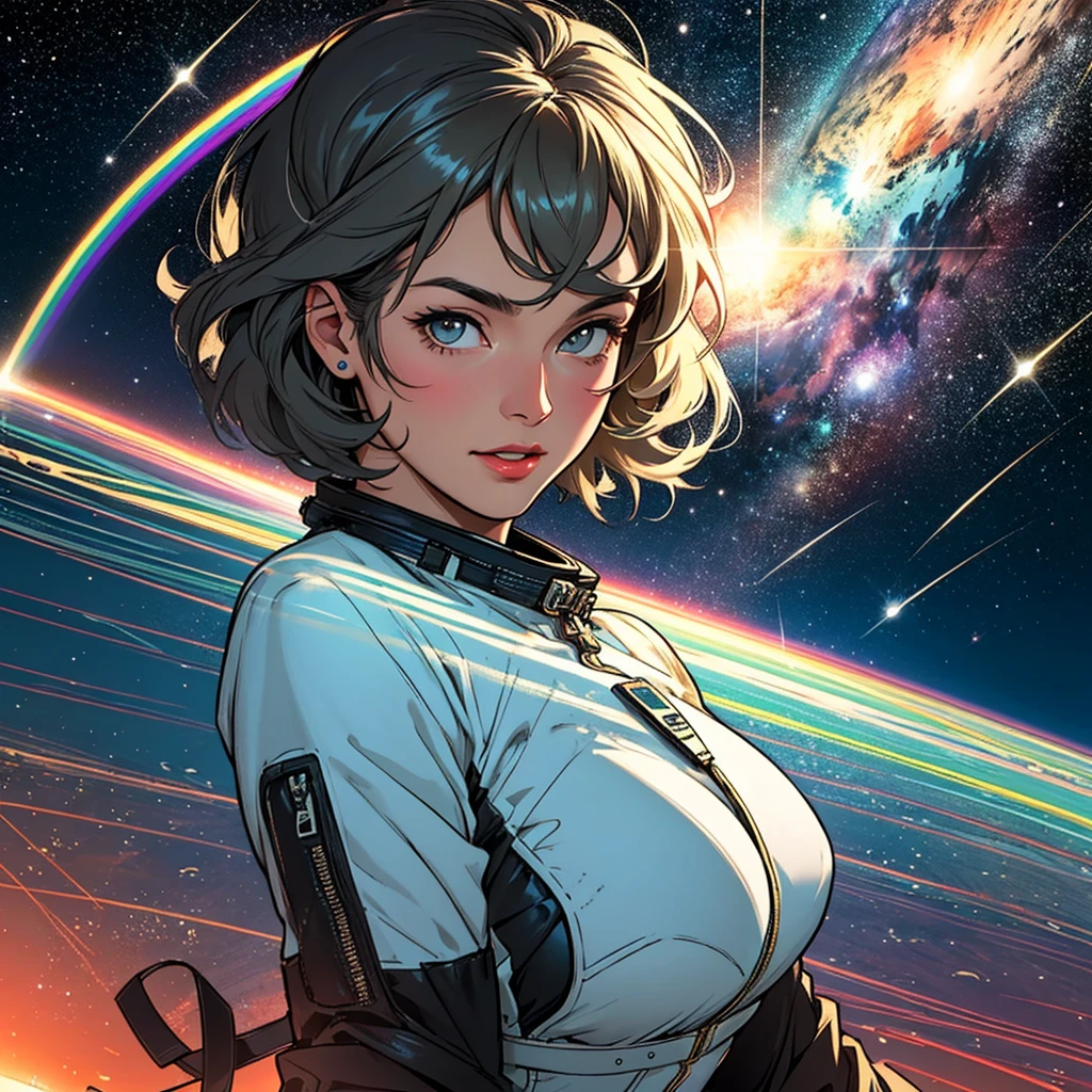 (((32k))),(((highest quality))),(Perfect One Woman),60's,70's,80's,old movie posters,retro,vintage,bauhaus,abstract,Space Thriller Movie Poster,Futuristic,shape,OK,cosmos,galaxy,satellite,mechanical,Geometric pattern,meteor,meteorite,planet,very delicate,宇宙飛OK士,Milky Way,big breasts,cleavage,rainbow,massive stream of light,flare,overlay,unreality,Extraordinary,