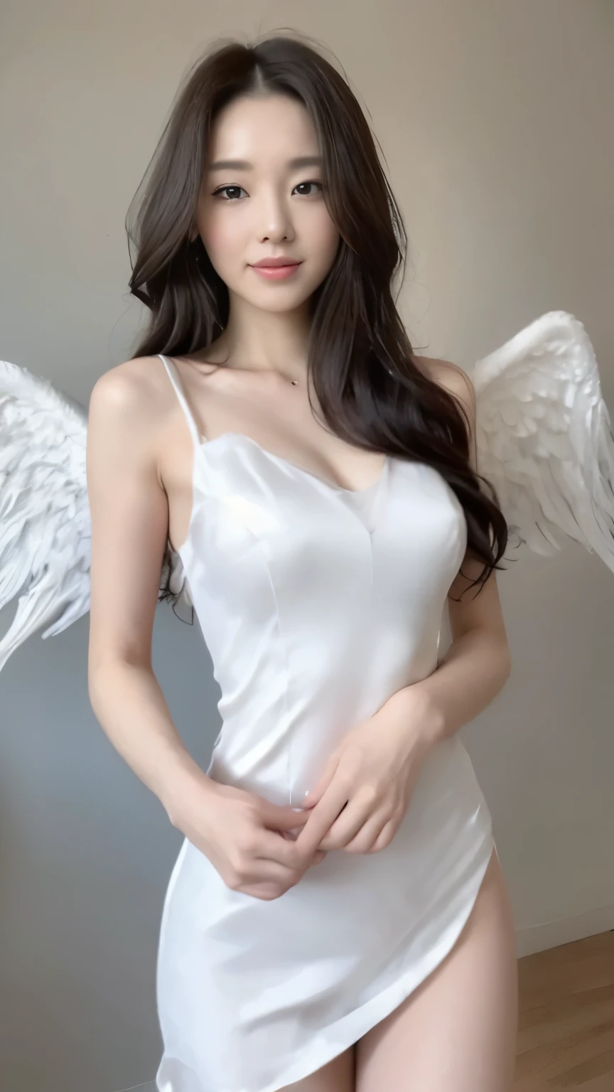 ((top-quality、8k、masterpiece:1.3))、Beautiful woman with perfect body:1.4、slim abdomen:1.2、Longhair, normal breast, Highly detailed facial and skin texture, A detailed eye, (smile), (full body shot), ((studio)), (standing), (((wearing white silk dress)), looking in front, (((plain grey background)), (wearing angel wing)