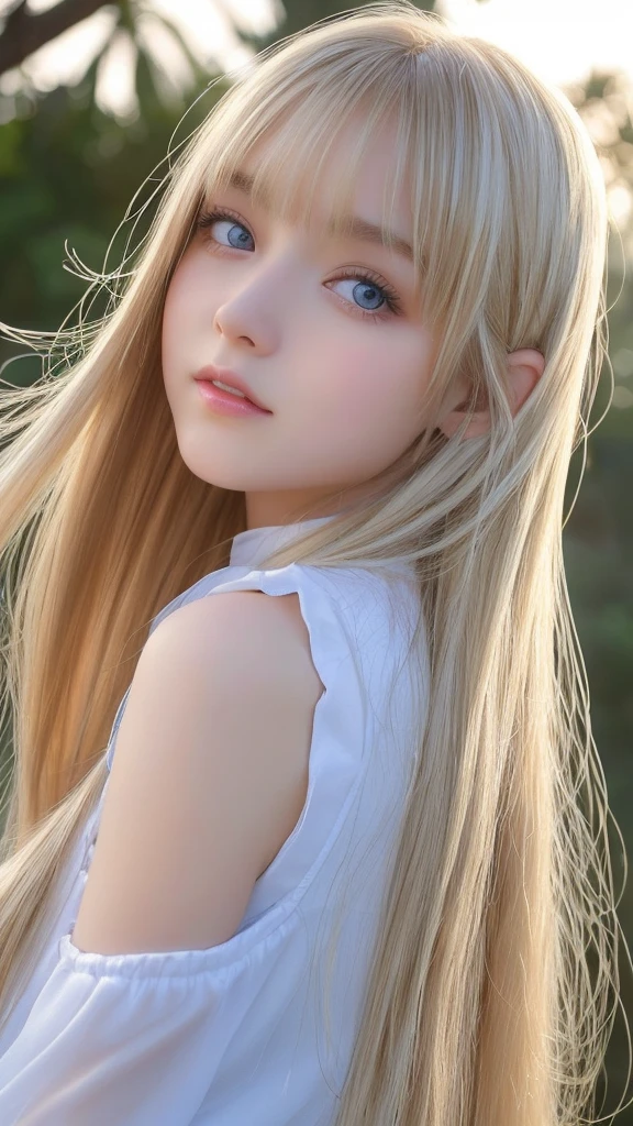 shiny transparent white skin、Wind hair gets in the way of a pretty face、Colossal、15 year old cute sexy little beautiful face、Beautiful straight hair that stands out、Very beautiful bright light blue big eyes、very big eyes、long silky bangs that cover between the eyes, Sexy cute young woman with super long hair hiding one eye、super long shining blonde shiny shiny hair