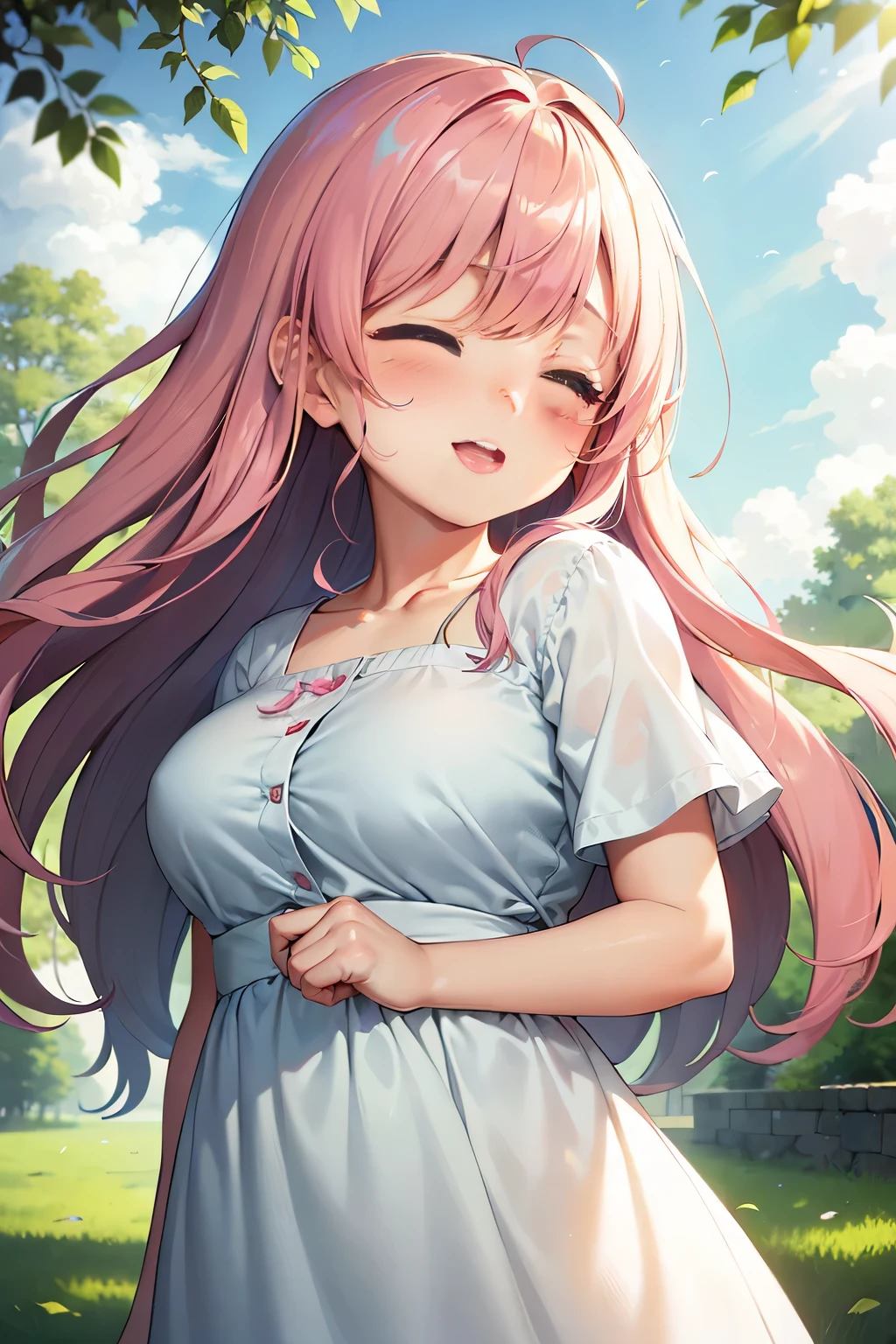 Pixiv style, A high resolution, Hyper-realistic, Anime style, 4K, A woman who is. Japanese high school student sitting on a park bench. High school sportswear. sweatshirts. Shoot sideways from diagonally. The woman looked up at me,Smile with your mouth closed. The woman's face is written accurately. medium hair length. Slightly larger breasts. Model type woman. Extremely precisely drawn female eyes. Beautiful female face. Two legs. Two arms. Five fingers to write,extremely precise, Peaceful Japanese park,rich greenery.Pregnant belly,Pregnant women with,a navel