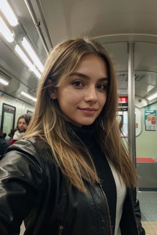A 23-year-old blonde woman, ((pechos grandes)), ((hiperrealismo)) ,. blonde hair with light brown roots. cabello rubio, Hair with brown roots, cabello extra largo, cabello muy largo, Cabello muy largo, hermoso, perfil, SELFIE con iPhone 15 pro, alta calidad, ojos verdes, labios carnosos, fondo desenfocado, sonriendo, extremadamente detallado, invierno, frio, en el interior de un bus, no duplicar fondo, interior  perfecto,