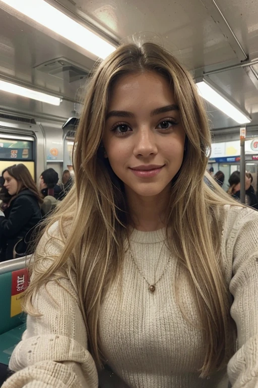 A 23-year-old blonde woman, ((pechos grandes)), ((hiperrealismo)) ,. blonde hair with light brown roots. cabello rubio, Hair with brown roots, cabello extra largo, cabello muy largo, Cabello muy largo, hermoso, perfil, SELFIE con iPhone 15 pro, alta calidad, ojos verdes, labios carnosos, fondo desenfocado, sonriendo, extremadamente detallado, invierno, frio, en el interior del metro de Barcelona, no duplicar fondo, interior perfecto,