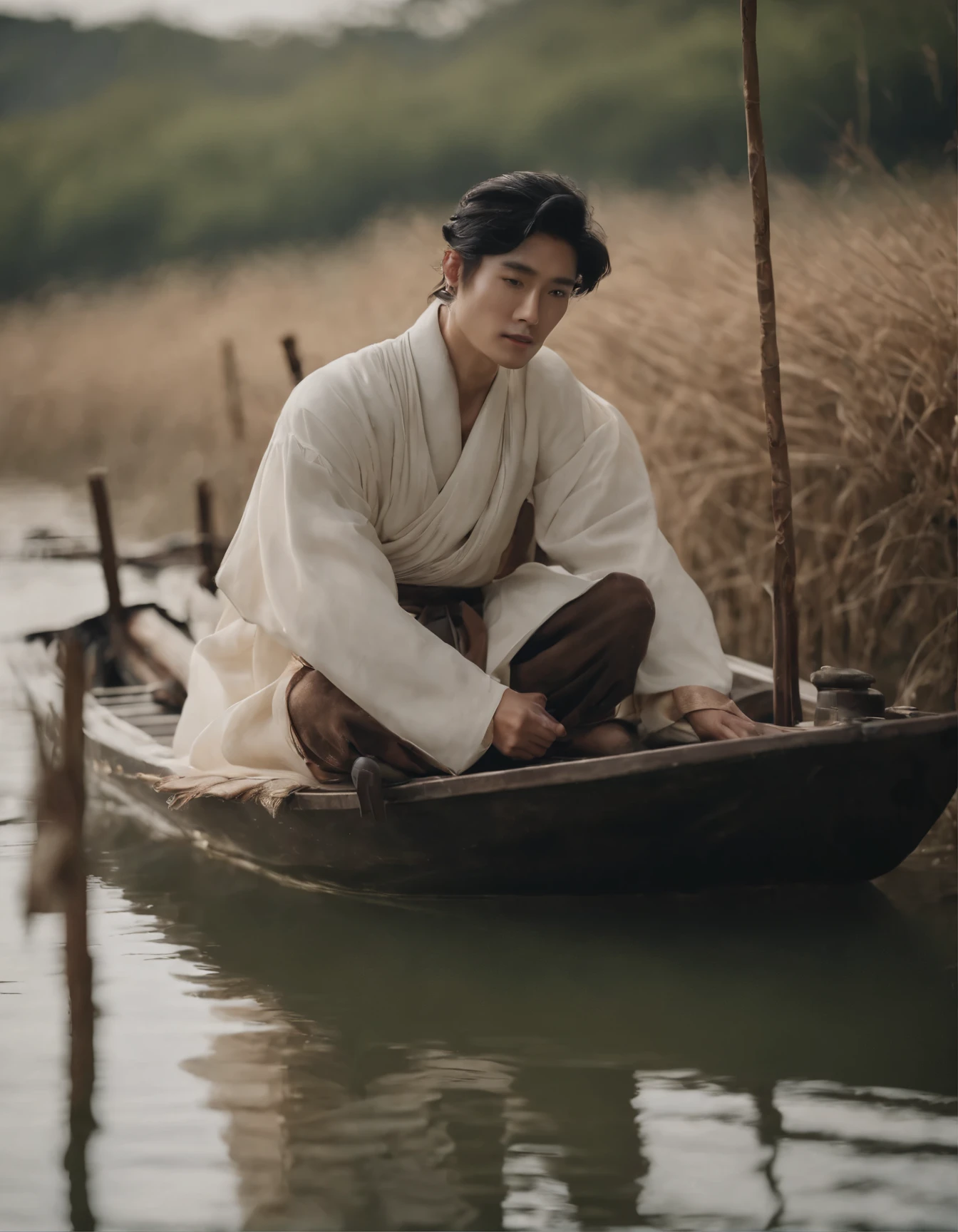 arafed man in a straw hat sitting on a boat, cai xukun, hanfu, chinese style, white hanfu, inspired by Bian Shoumin, inspired by Liu Jun, with acient chinese clothes, inspired by Huang Gongwang, inspired by Gu An, inspired by Chen Daofu, inspired by Xiao Yuncong, inspired by Wu Bin