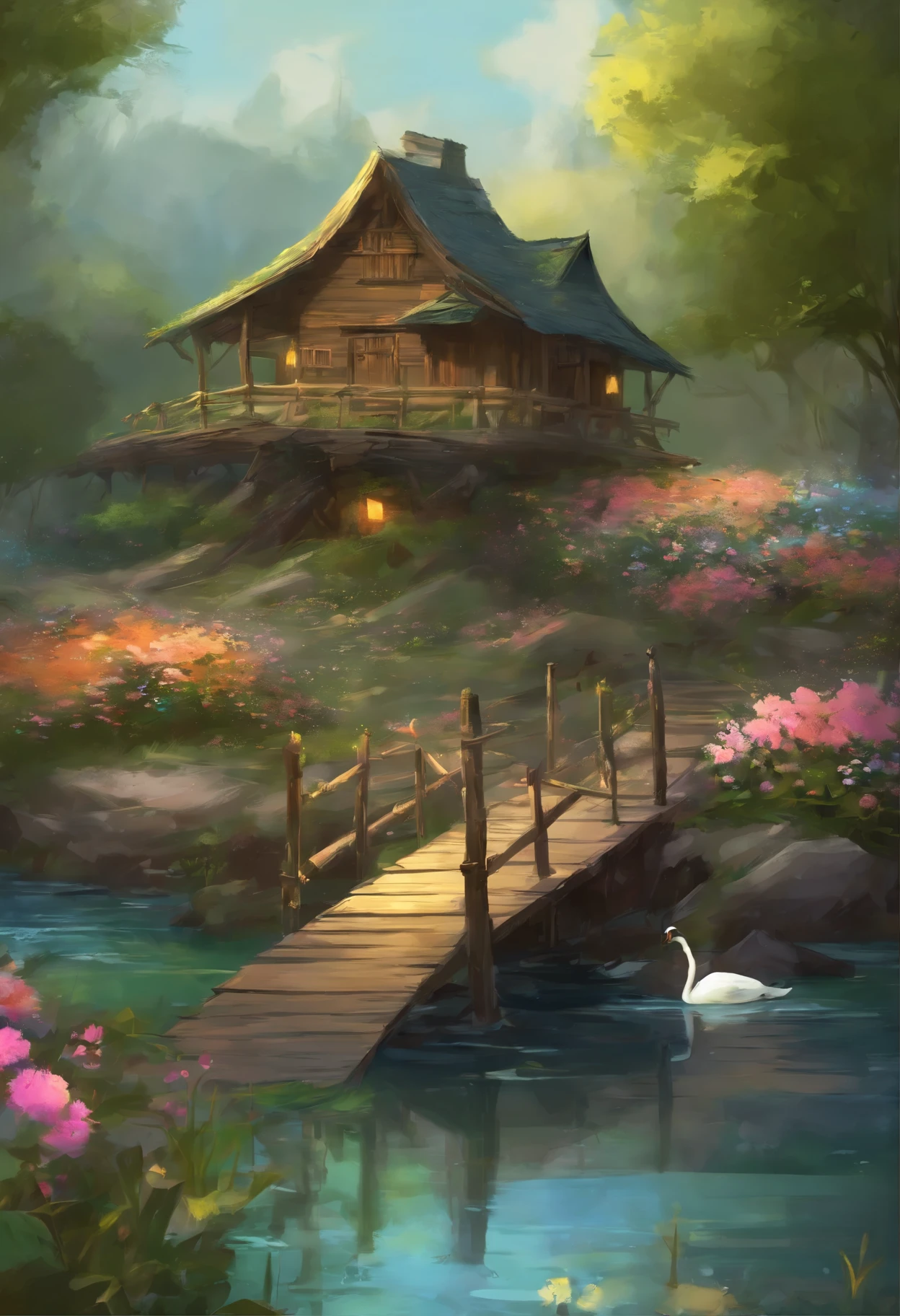 An old cabin by the pound, bamboo bridge, swans are in the water, flowers are blooming alongside the carvy road, inspired by Thomas Kinkade, 