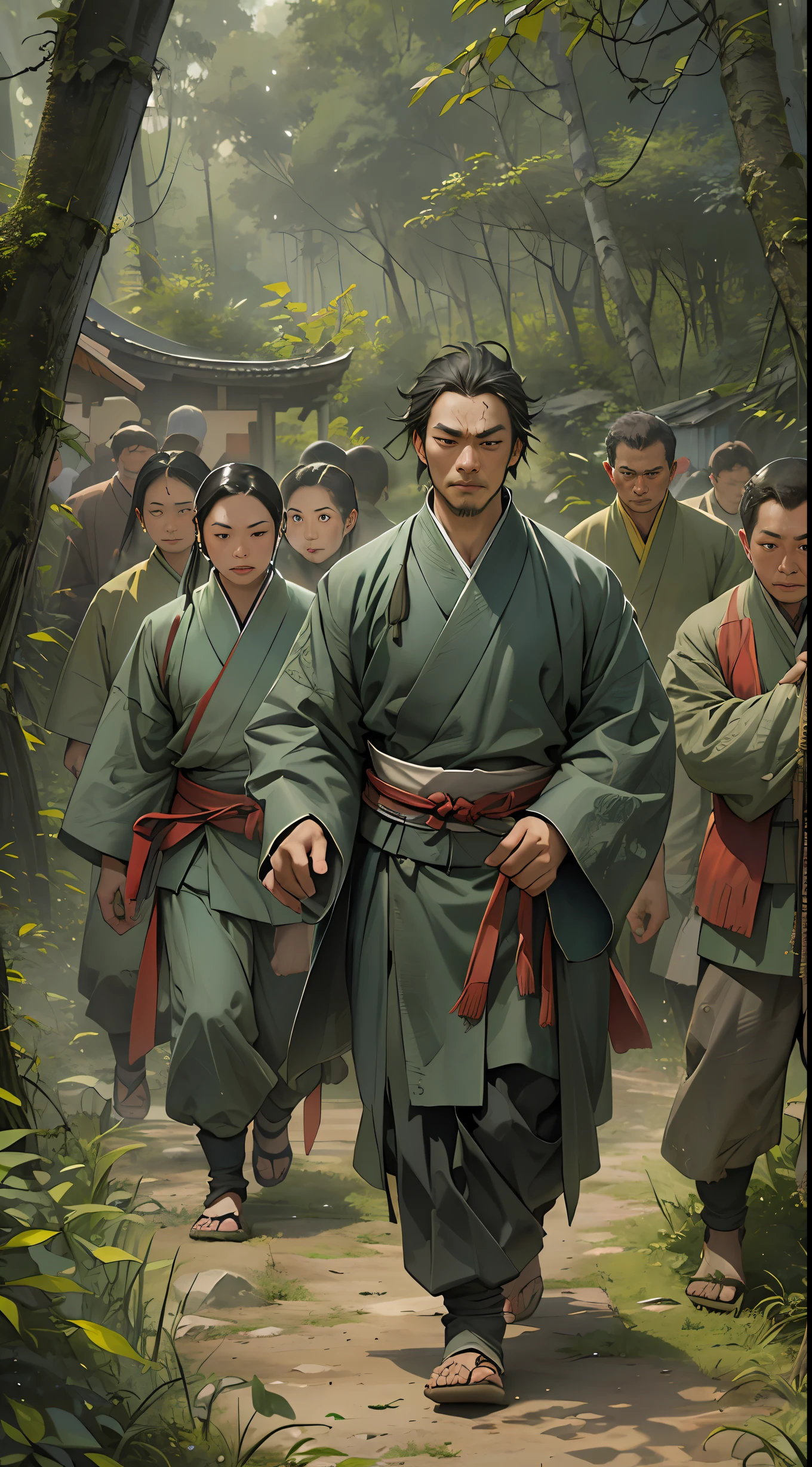 Membros do grupo Ling Shan saindo de uma floresta densa, exausto e suado. Li Gu is in their midst, with a calm and determined expression on his face. Representatives of other forces are at a distance, His eyes were filled with contempt and ridicule, , 32K, melhor qualidade, obra de arte, super detalhe, detalhes altos,