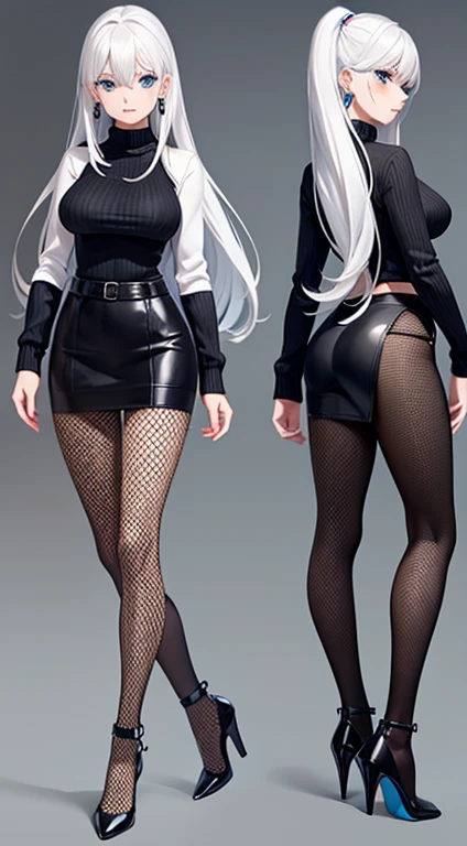character concept art, multiple different angles, woman, white hair, blue eyes ,black turtleneck sweater, fishnet tights, black high heels, silver hoop earrings, long hair, good face