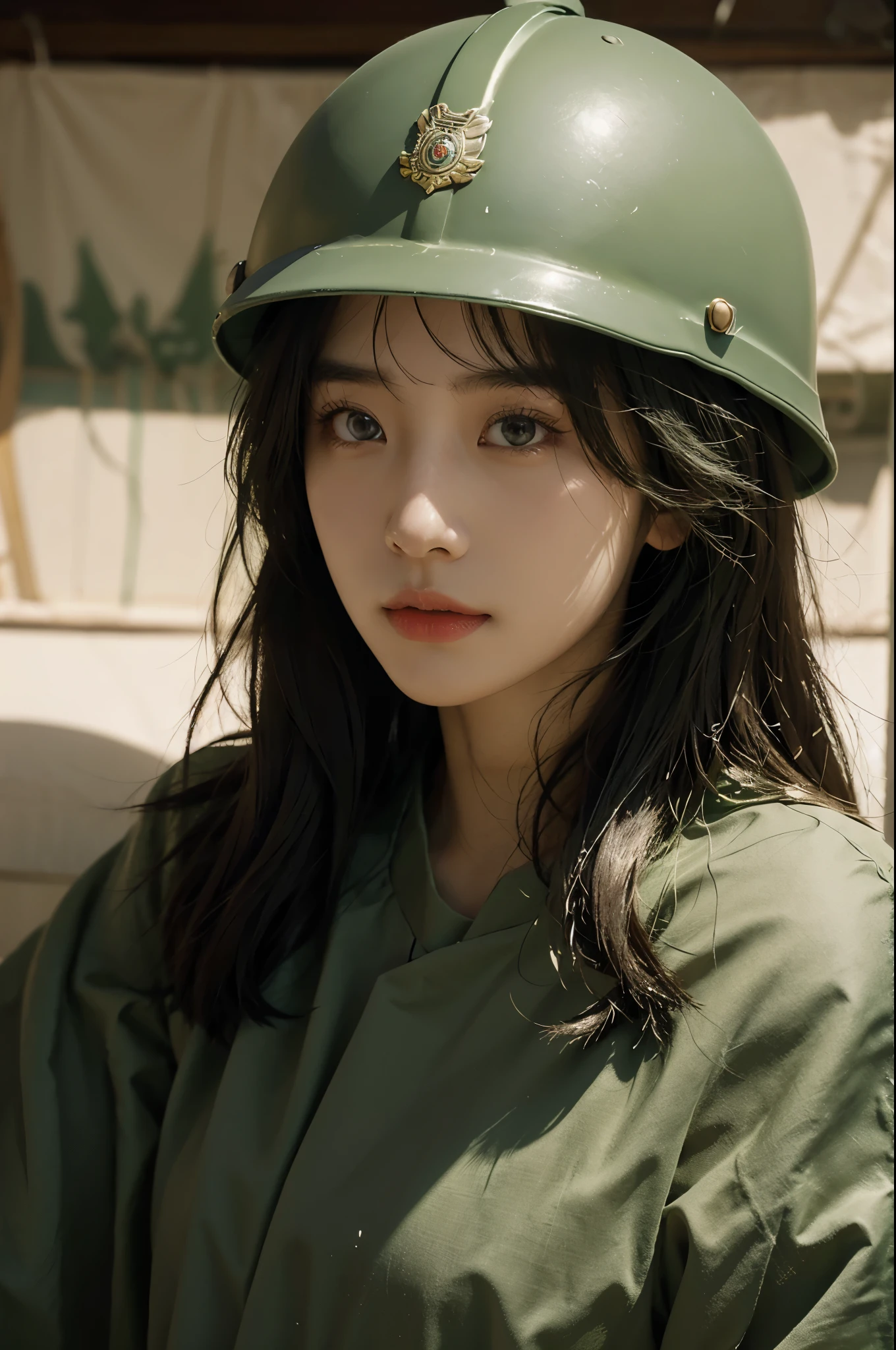 a Asian girl,soldier with heavy green clothes,全副武装,she wears a  professional helmet,here are some nameplate on the clothes,beautiful face,pretty,shining eyes,best quality,high resolution,masterpiece,romantic atmosphere,light and shadow contrast,big ,Roman nose,city background